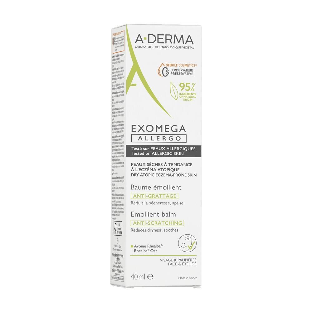Emballage du produit A-DERMA EXOMEGA ALLERGO. Blanc, accents verts. Nom et logo.