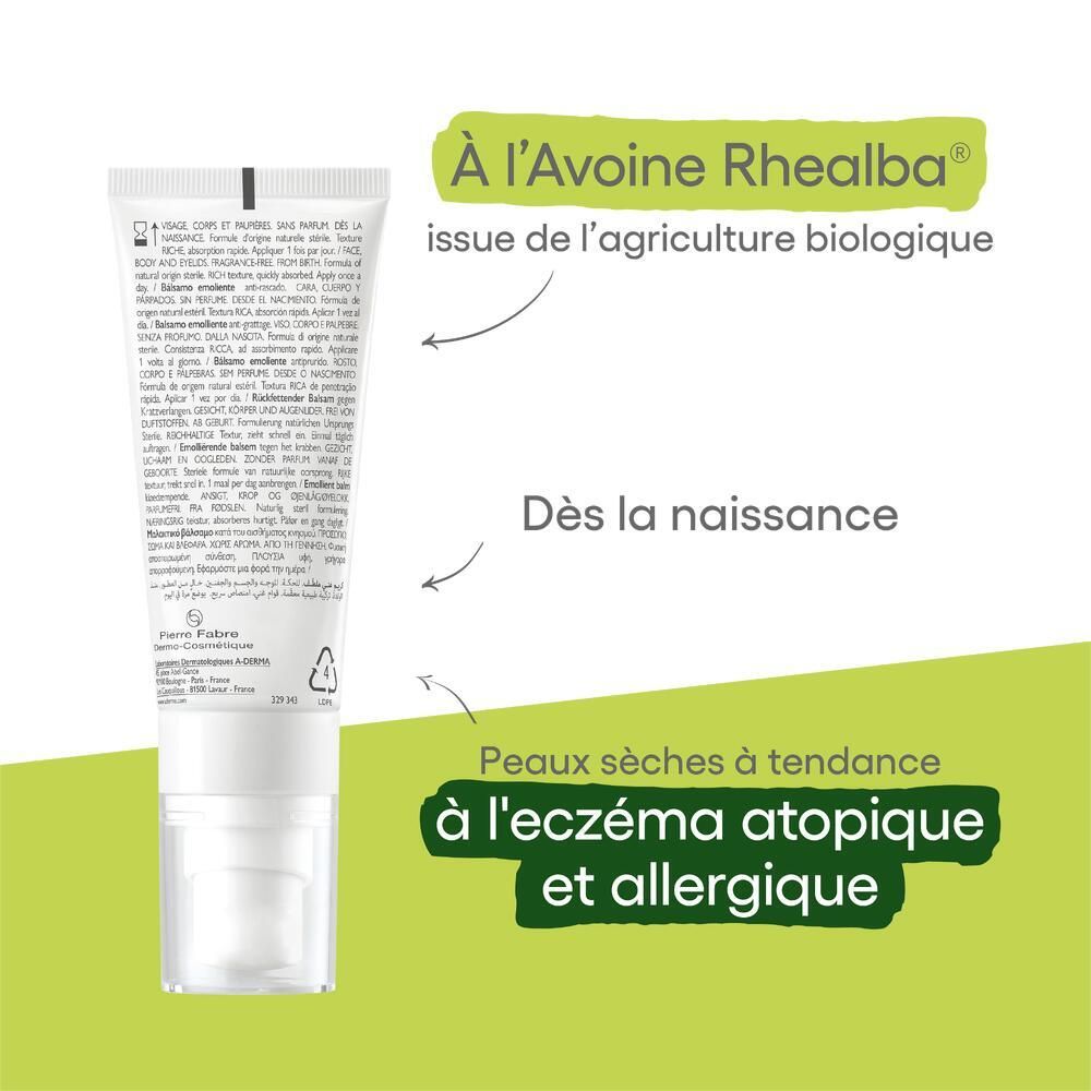 Tube A-DERMA EXOMEGA ALLERGO. Texte et illustrations. Fond vert.