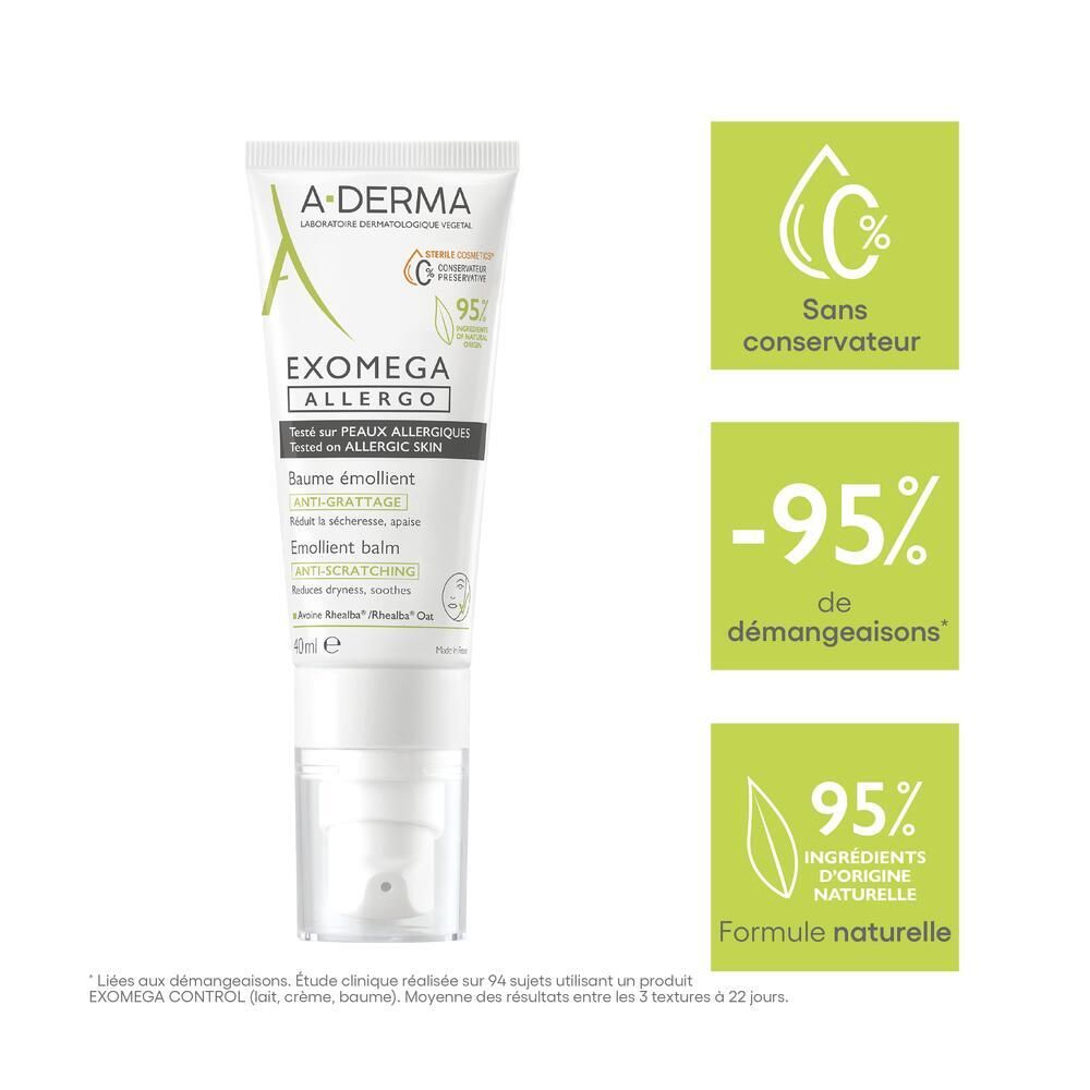 Tube A-DERMA EXOMEGA ALLERGO. Informations et logos. Fond vert.