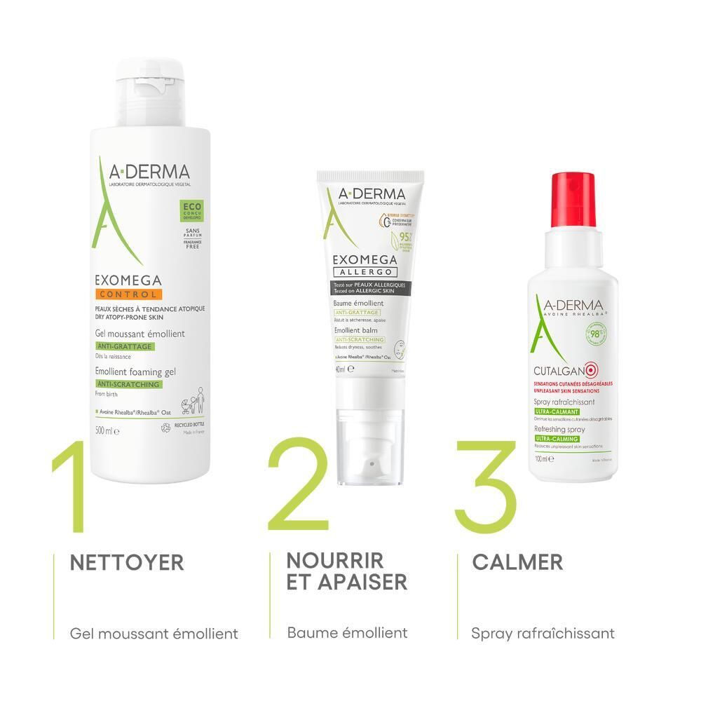 Trois produits A-DERMA. Gel, crème et spray. Étiquettes : Nettoyer, Nourrir, Calmer.