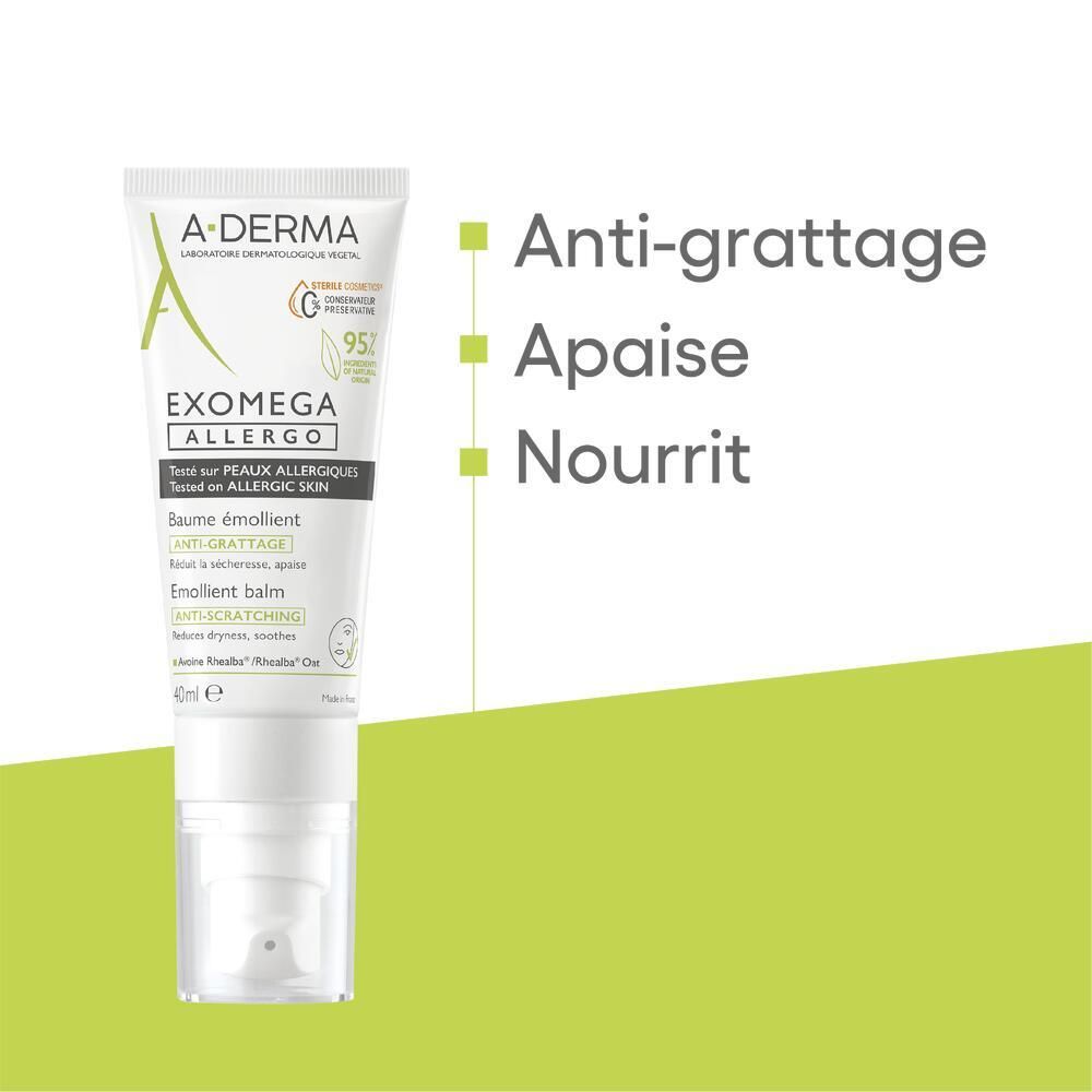 Tube A-DERMA EXOMEGA ALLERGO. Informations sur le produit. Fond vert.