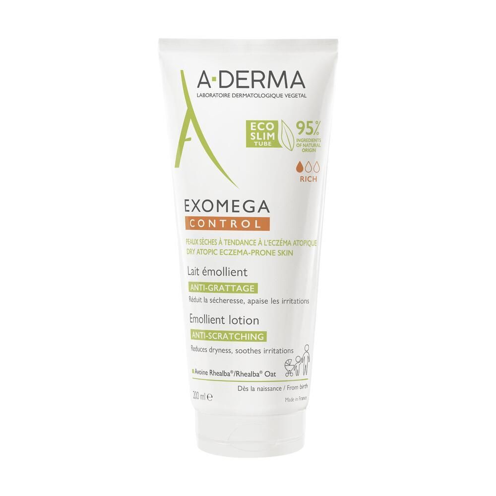 Tube blanc avec accents verts et orange. Inscriptions: A-DERMA, EXOMEGA CONTROL, Lait émollient, Anti-grattage. 200 ml.