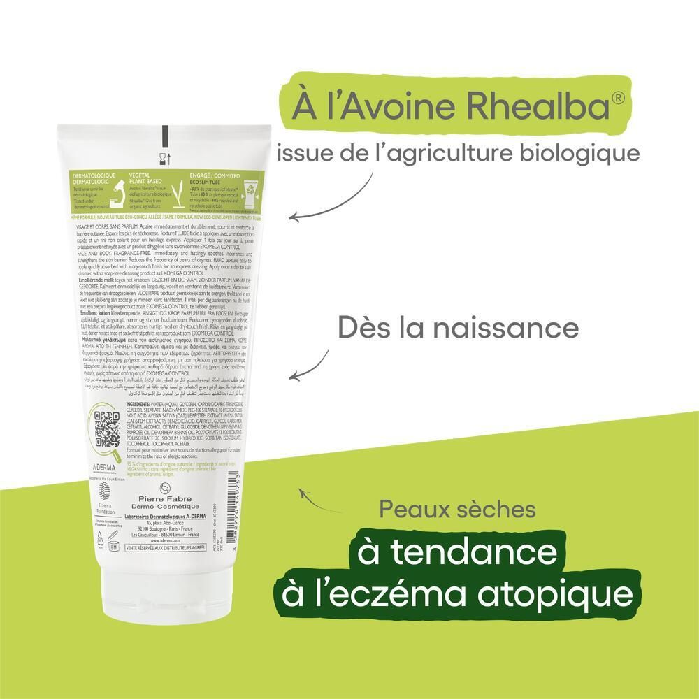 Dos du tube avec texte et flèches. Texte: À l'Avoine Rhealba, Dès la naissance, Peaux sèches à tendance à l'eczéma atopique.