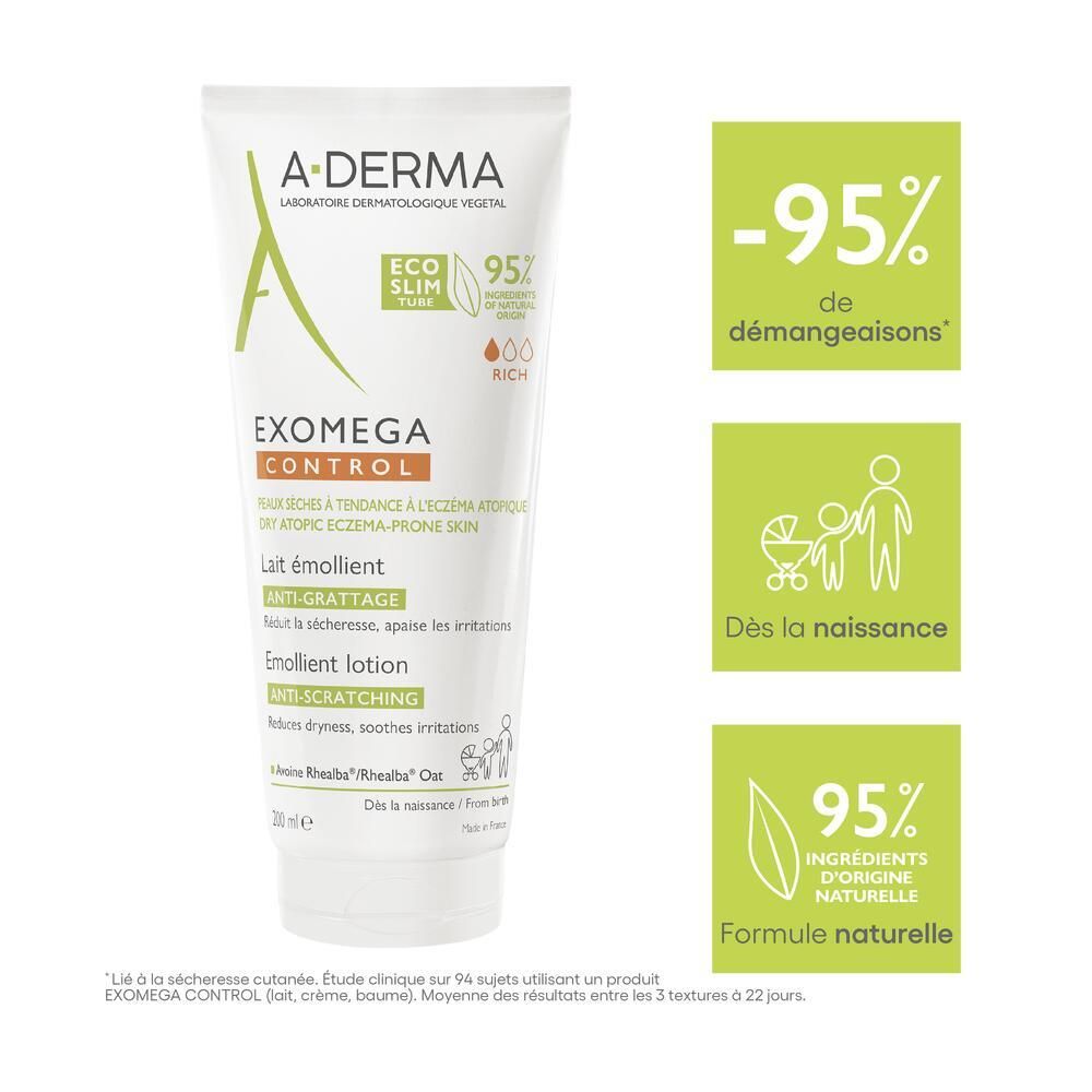 Tube blanc avec accents verts. Texte: EXOMEGA CONTROL, Lait émollient, Anti-grattage. Logos: -95% de démangeaisons, Dès la naissance, 95% d'ingrédients.
