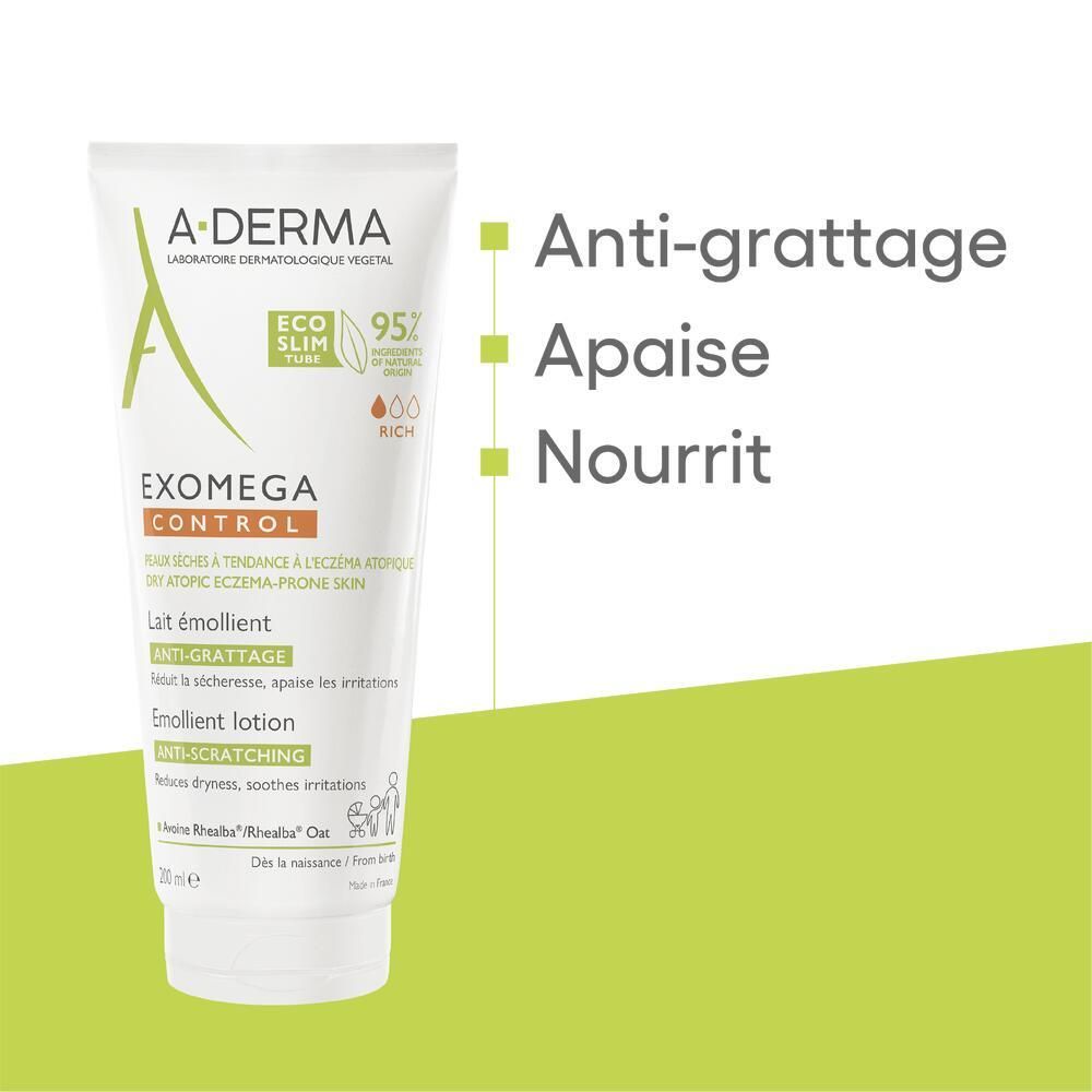 Tube blanc avec accents verts. Texte: EXOMEGA CONTROL, Lait émollient, Anti-grattage. Texte: Anti-grattage, Apaise, Nourrit.