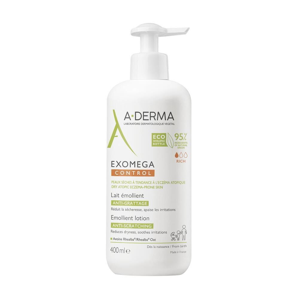 Flacon blanc A-DERMA EXOMEGA CONTROL avec pompe. Texte: EXOMEGA CONTROL, Lait émollient, Anti-grattage. 400ml.