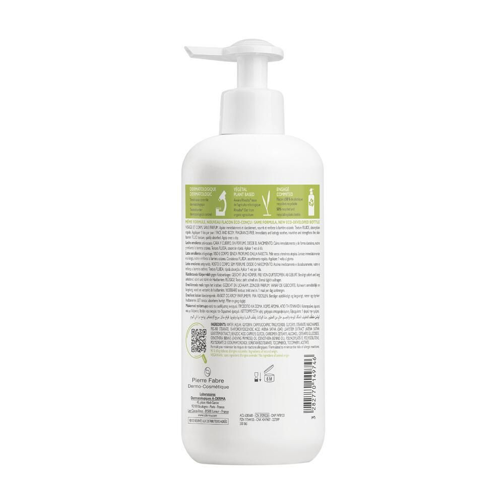Dos du flacon blanc A-DERMA EXOMEGA CONTROL. Texte et QR code. Informations sur les ingrédients et le fabricant.
