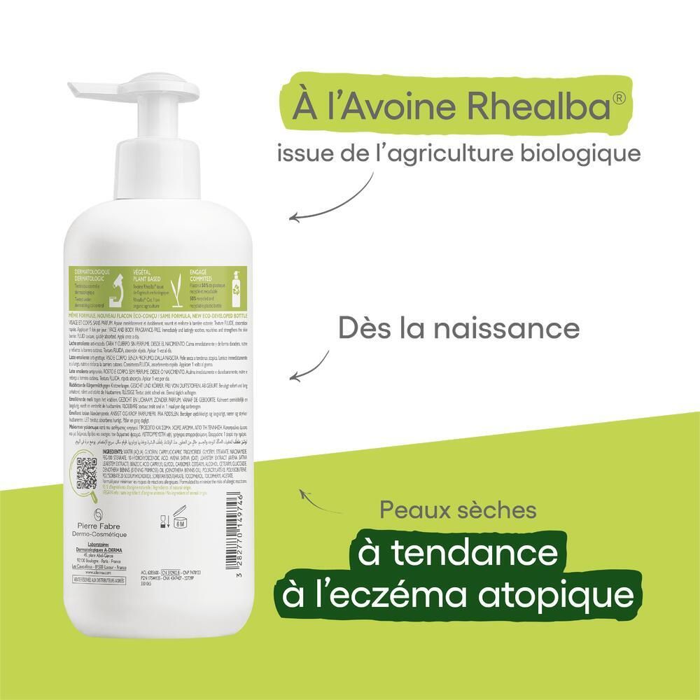 Dos du flacon. Texte: À l'Avoine Rhealba, issue de l'agriculture biologique. Peaux sèches à tendance à l'eczéma atopique.
