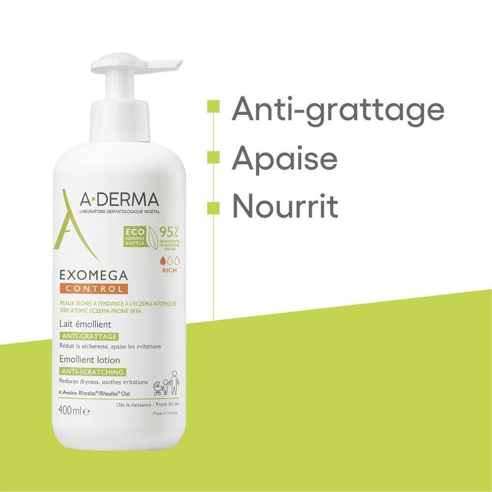 Flacon A-DERMA EXOMEGA CONTROL. Texte: Anti-grattage, Apaise, Nourrit. 400ml. 95% ingrédients d'origine naturelle.