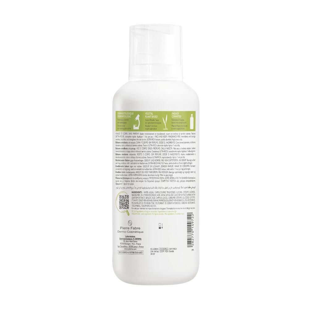 Dos du flacon A-DERMA EXOMEGA CONTROL. Texte multilingue. Code QR et informations de fabrication.