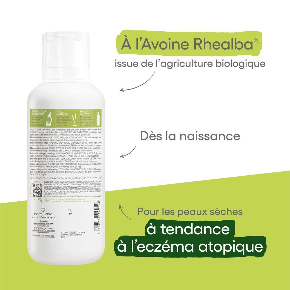 Dos du flacon A-DERMA EXOMEGA CONTROL. Texte : À l'Avoine Rhealba, Dès la naissance, Pour les peaux sèches.