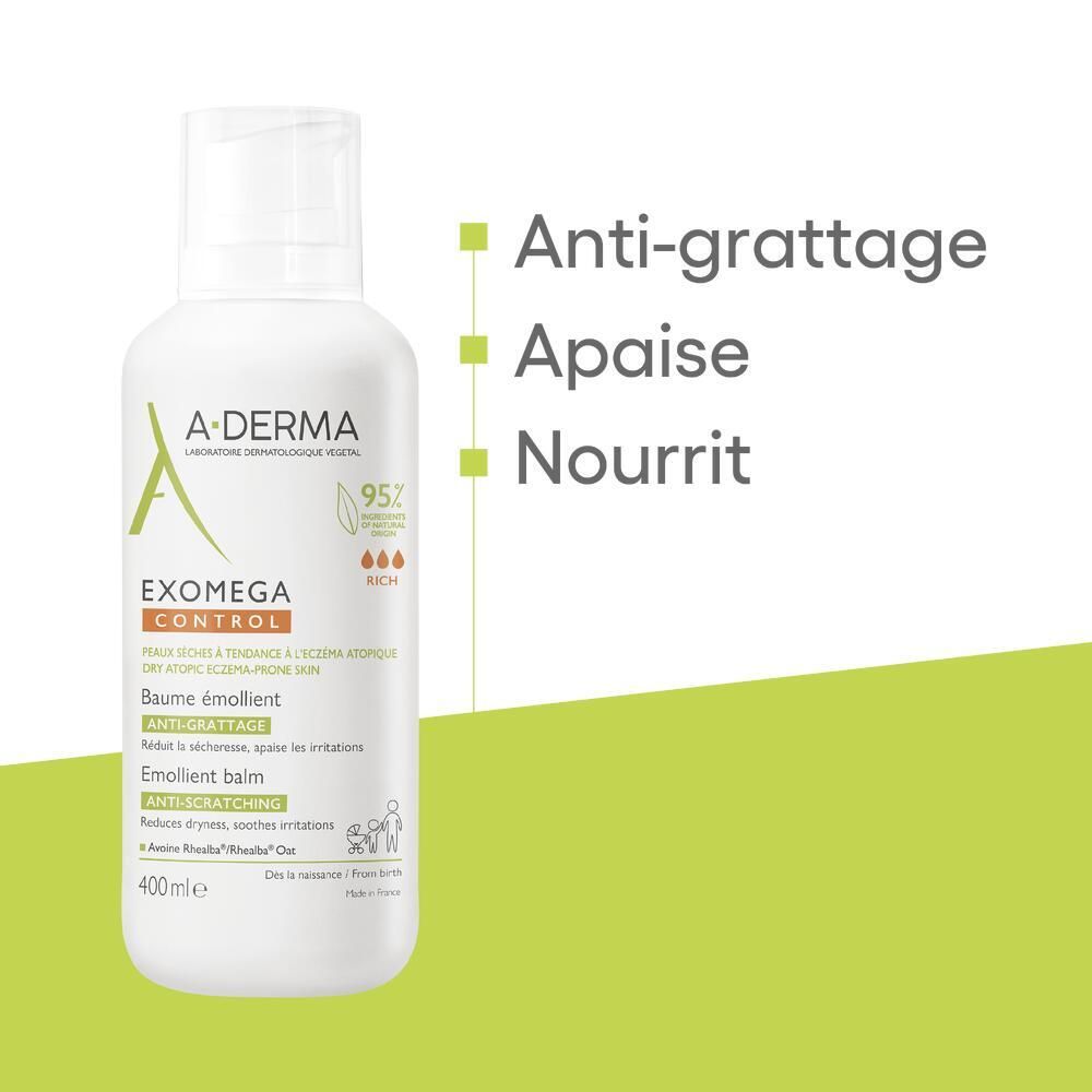 Flacon A-DERMA EXOMEGA CONTROL. Emballage blanc avec pompe. Étiquettes vertes et orange. Texte : Anti-grattage, apaise, nourrit.