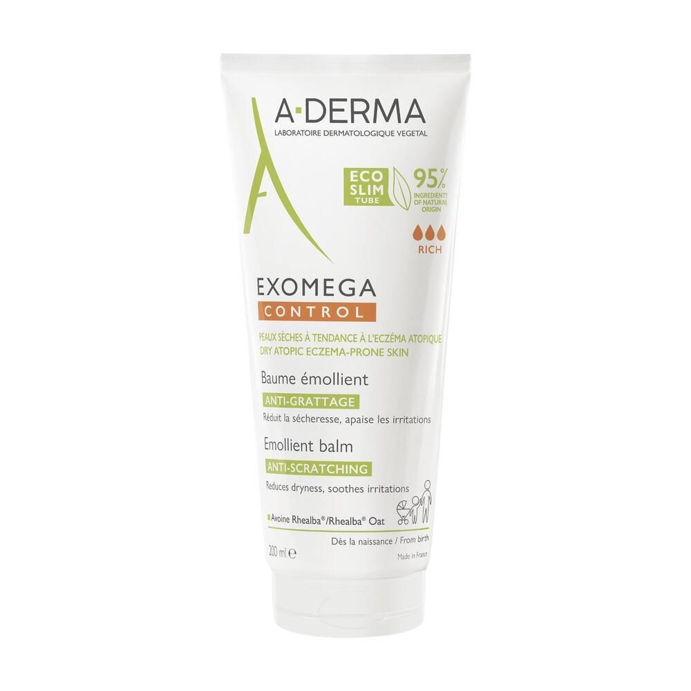 Tube blanche A-DERMA EXOMEGA CONTROL. Texte en vert. Logo éco et 95% ingrédients naturels. Baume émollient anti-grattage.