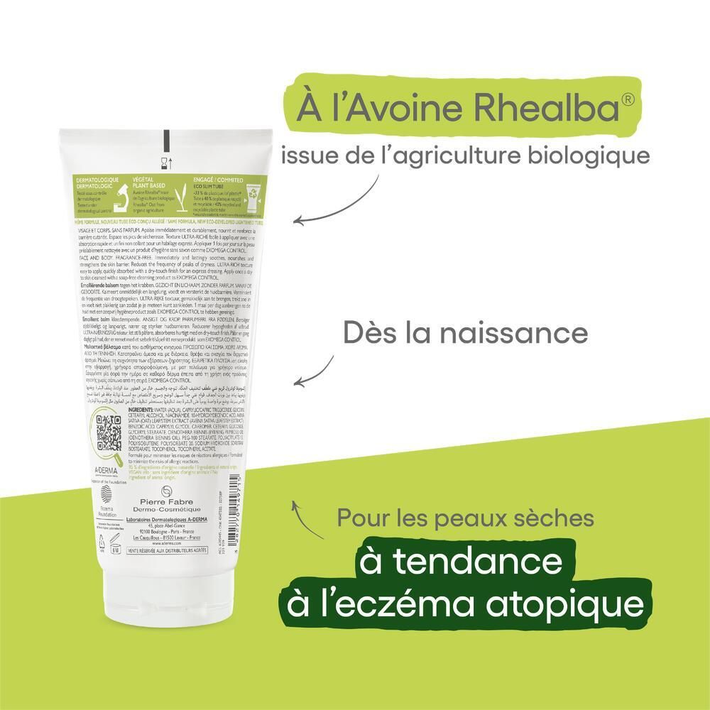 Dos du tube avec texte et flèches. Texte: À l'Avoine Rhealba, Dès la naissance, Pour les peaux sèches à tendance à l'eczéma atopique.