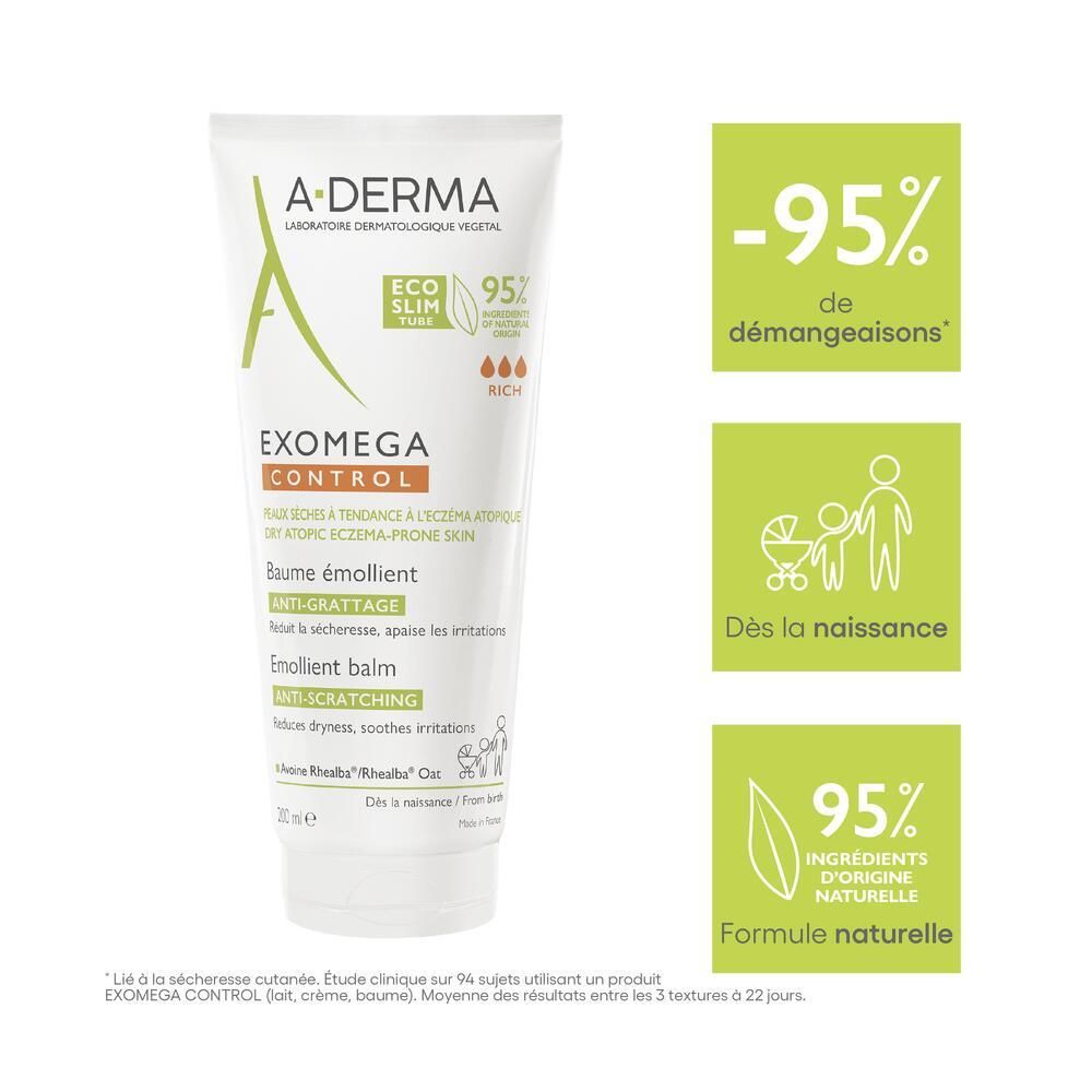 Tube A-DERMA EXOMEGA CONTROL. Graphiques: -95% démangeaisons, Dès la naissance, 95% ingrédients naturels. Description du produit.