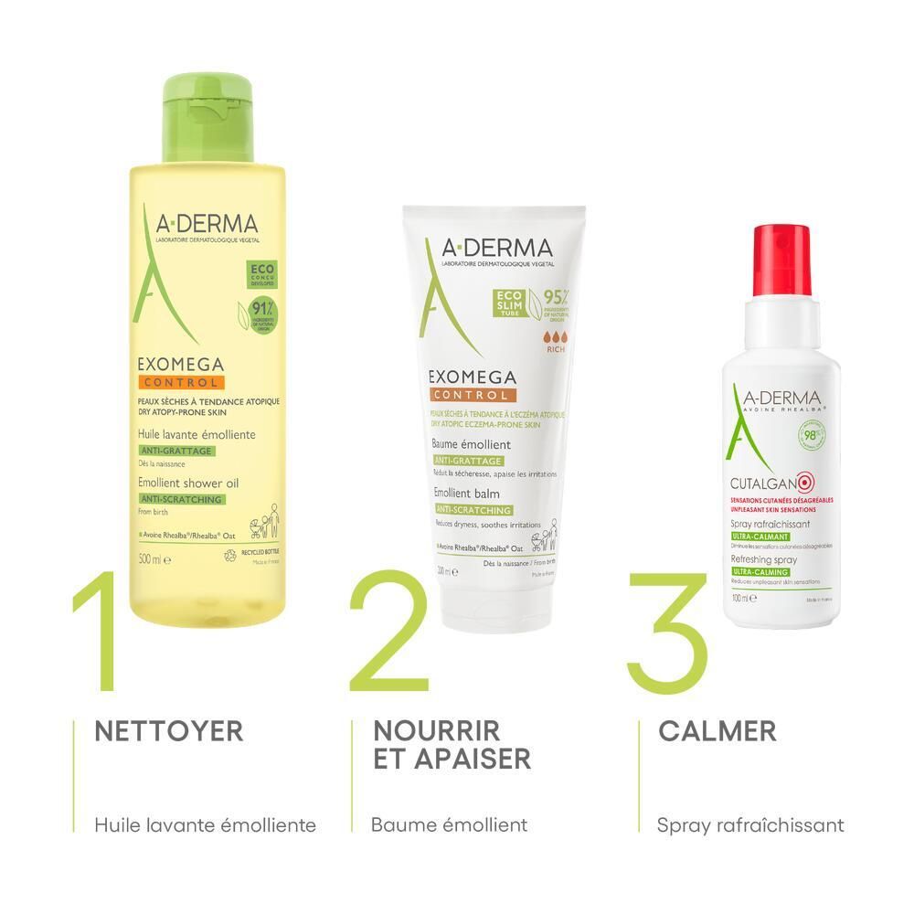 Trois produits A-DERMA: Huile lavante, baume et spray. Étiquettes: Nettoyer, Nourrir et apaiser, Calmer.