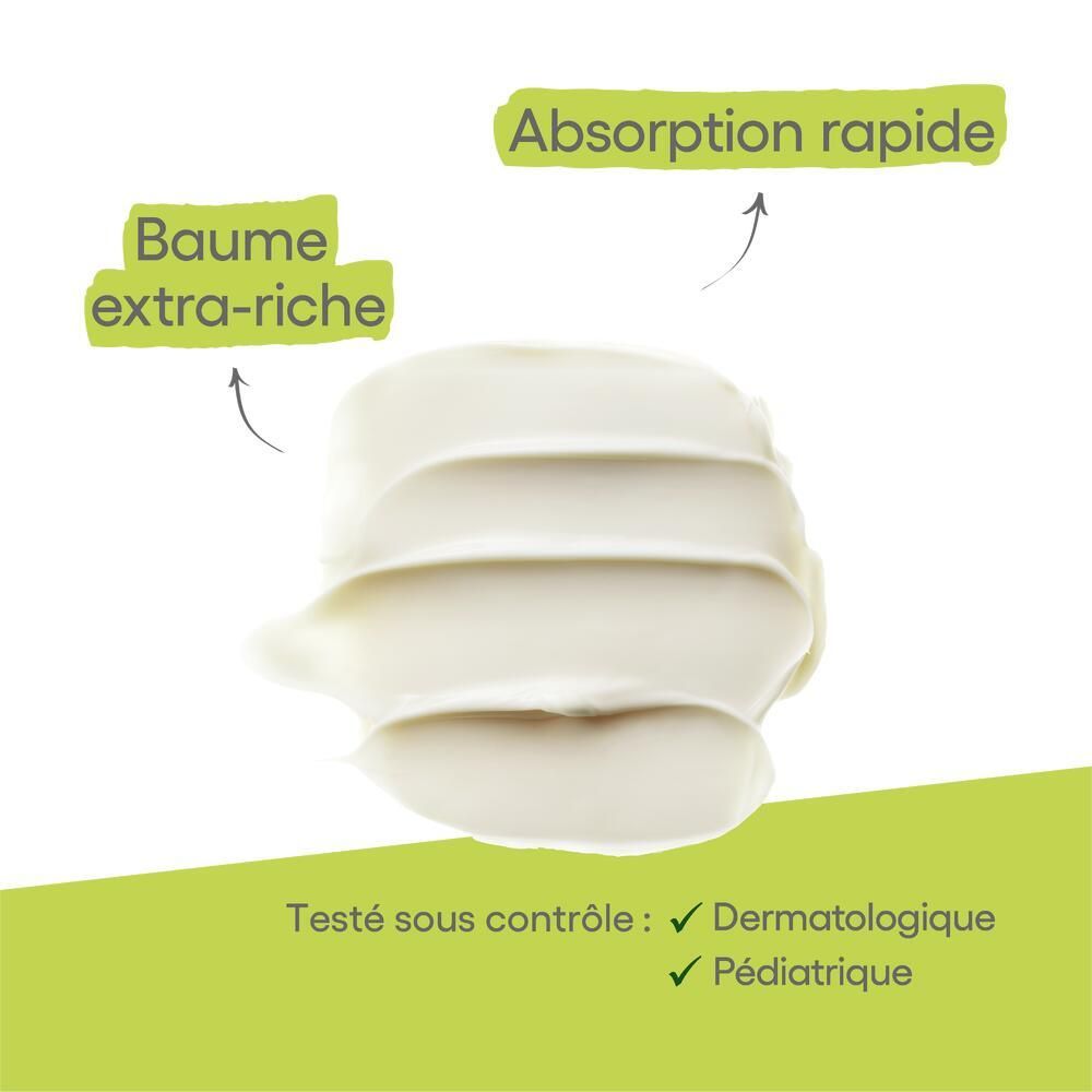 Gros plan sur le baume. Texte: Baume extra-riche, Absorption rapide. Testé sous contrôle dermatologique et pédiatrique.
