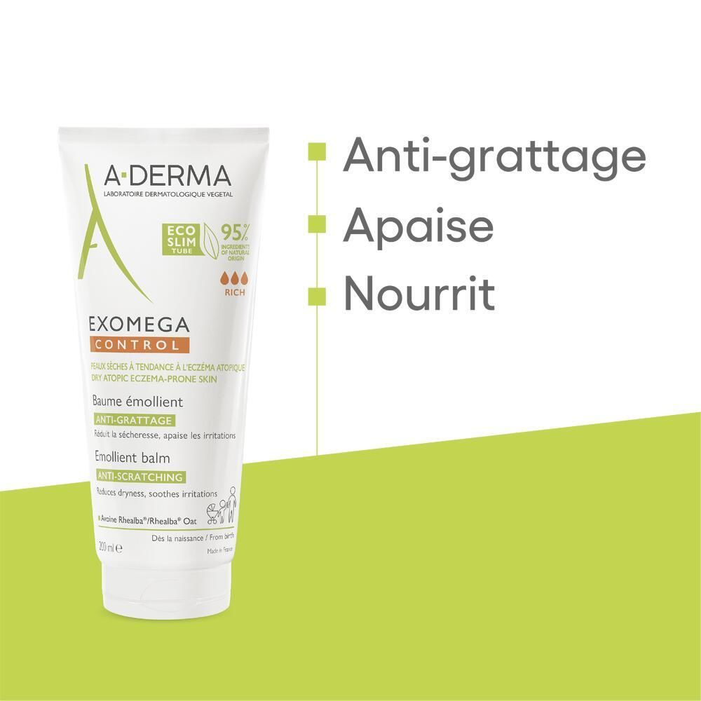 Tube A-DERMA EXOMEGA CONTROL. Texte: Anti-grattage, Apaise, Nourrit. Fond vert.