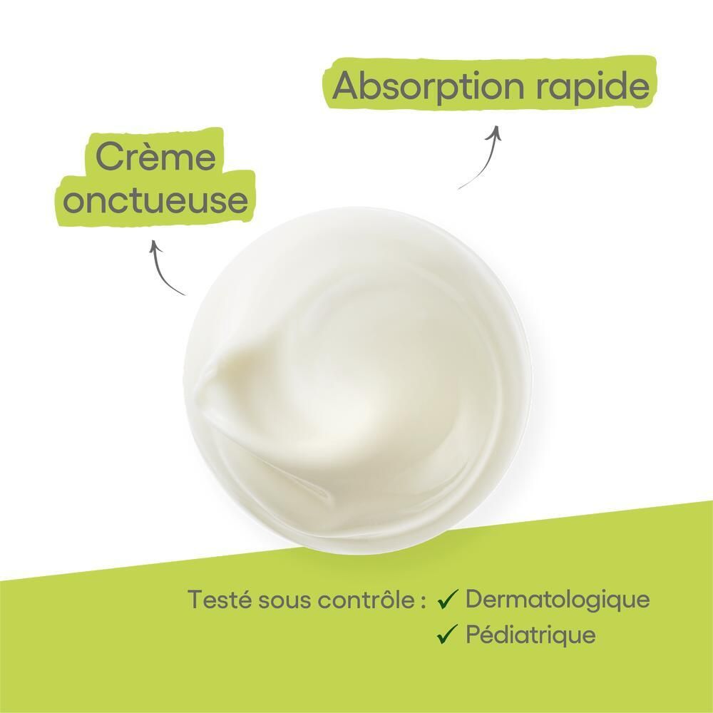 Gros plan de la crème. Texte : Crémeuse, absorption rapide. Testé sous contrôle dermatologique et pédiatrique.