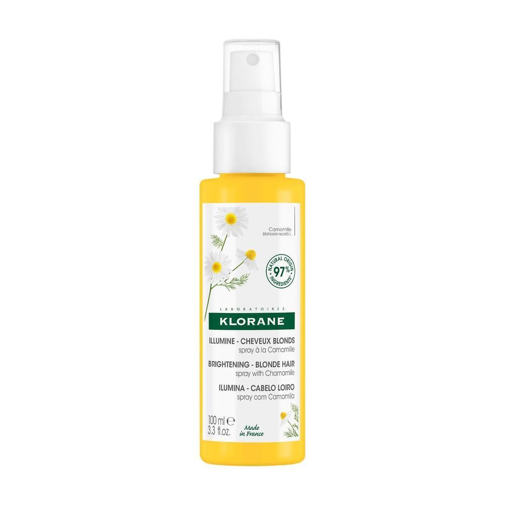 Gelbe Flasche mit Sprühkopf. Aufschrift: KLORANE, ILLUMINE - CHEVEUX BLONDS, 97% natürliche Inhaltsstoffe.