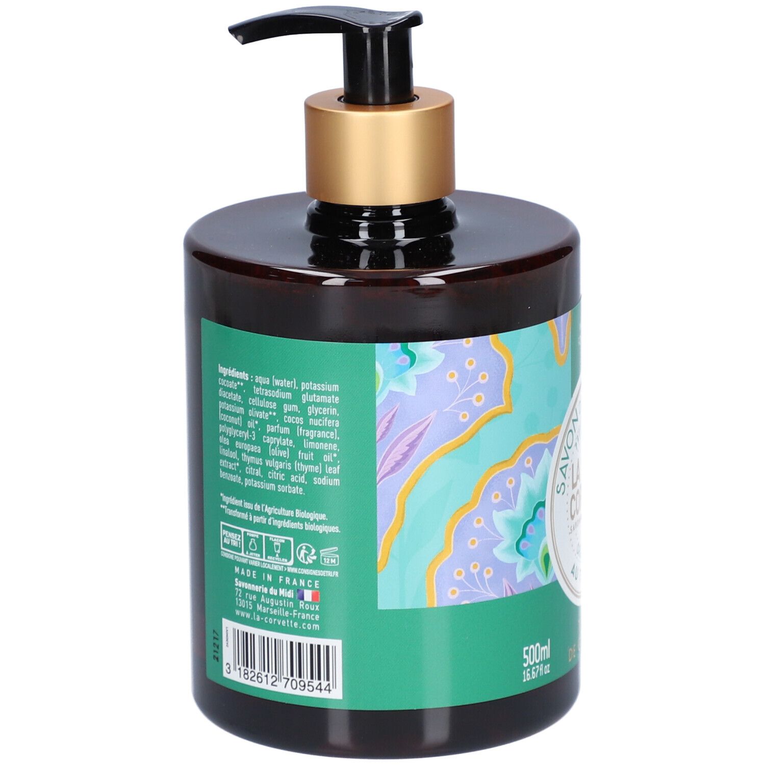 Flacon de savon brun, dos avec étiquette verte et texte. Contient ingrédients, certifications et informations fabricant.