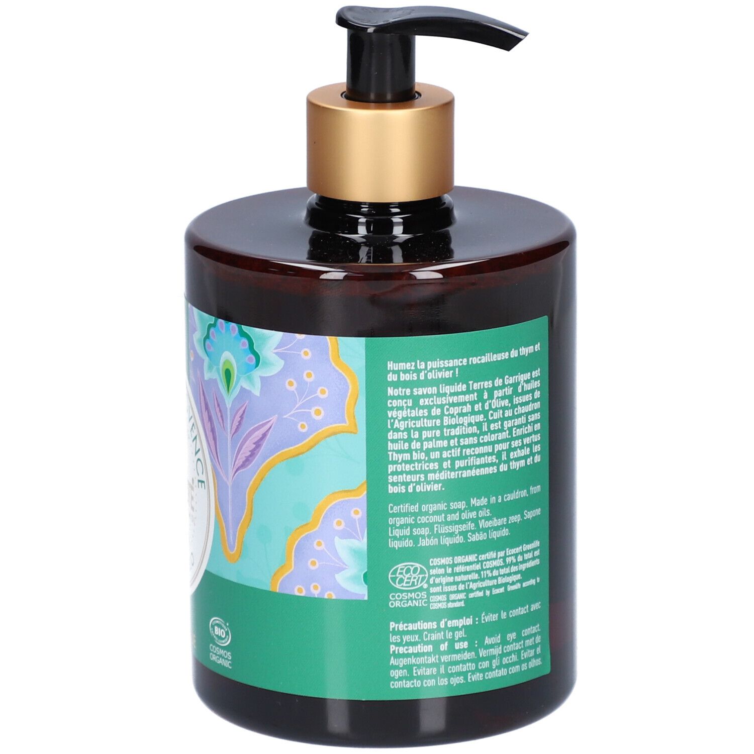 Flacon de savon brun, dos avec étiquette verte et texte. Contient description produit, certifications et avertissements.
