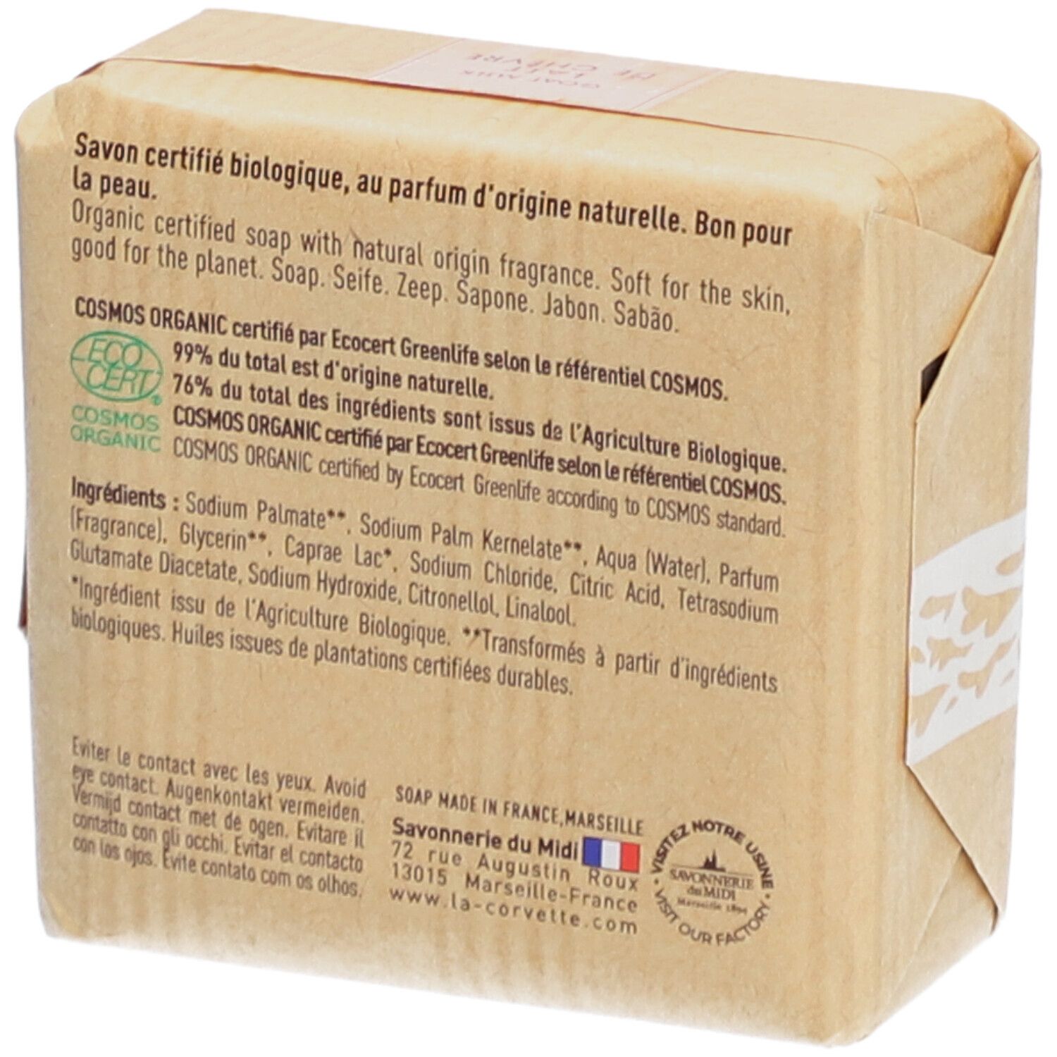 Rückseite der Seifenverpackung. Text: Bio-zertifiziert, Inhaltsstoffe, hergestellt in Frankreich, Marseille.