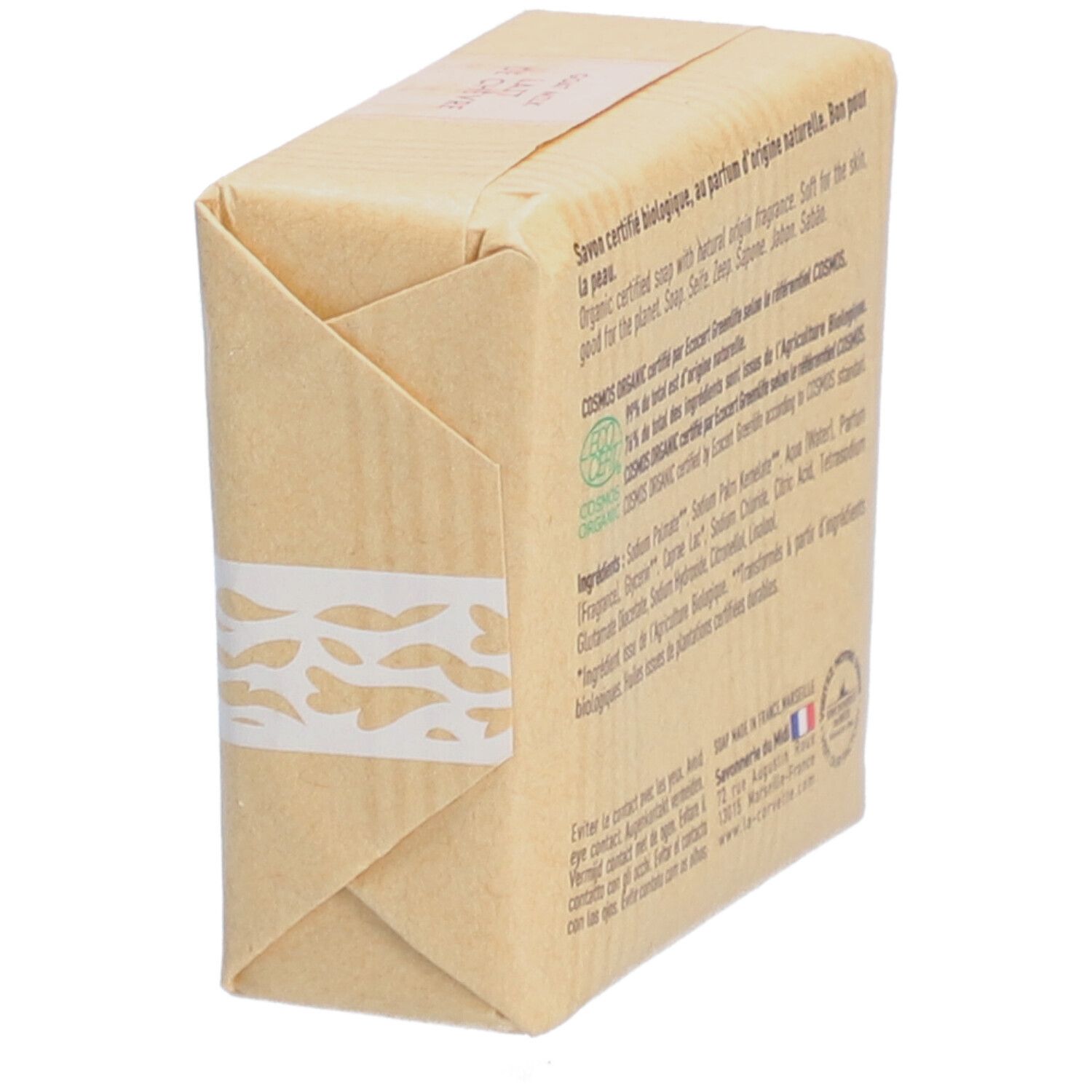 Seife in Papier verpackt. Aufschrift: Bio-zertifiziert. Ansicht von der Seite.