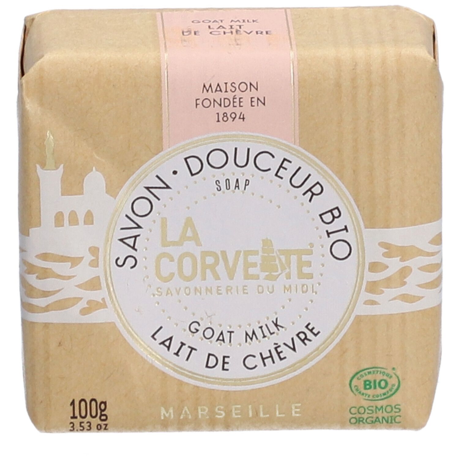 Seife in Papier verpackt. Aufschrift: LA CORVETTE, Ziegenmilch, BIO. Mit Cosmos Organic-Siegel.