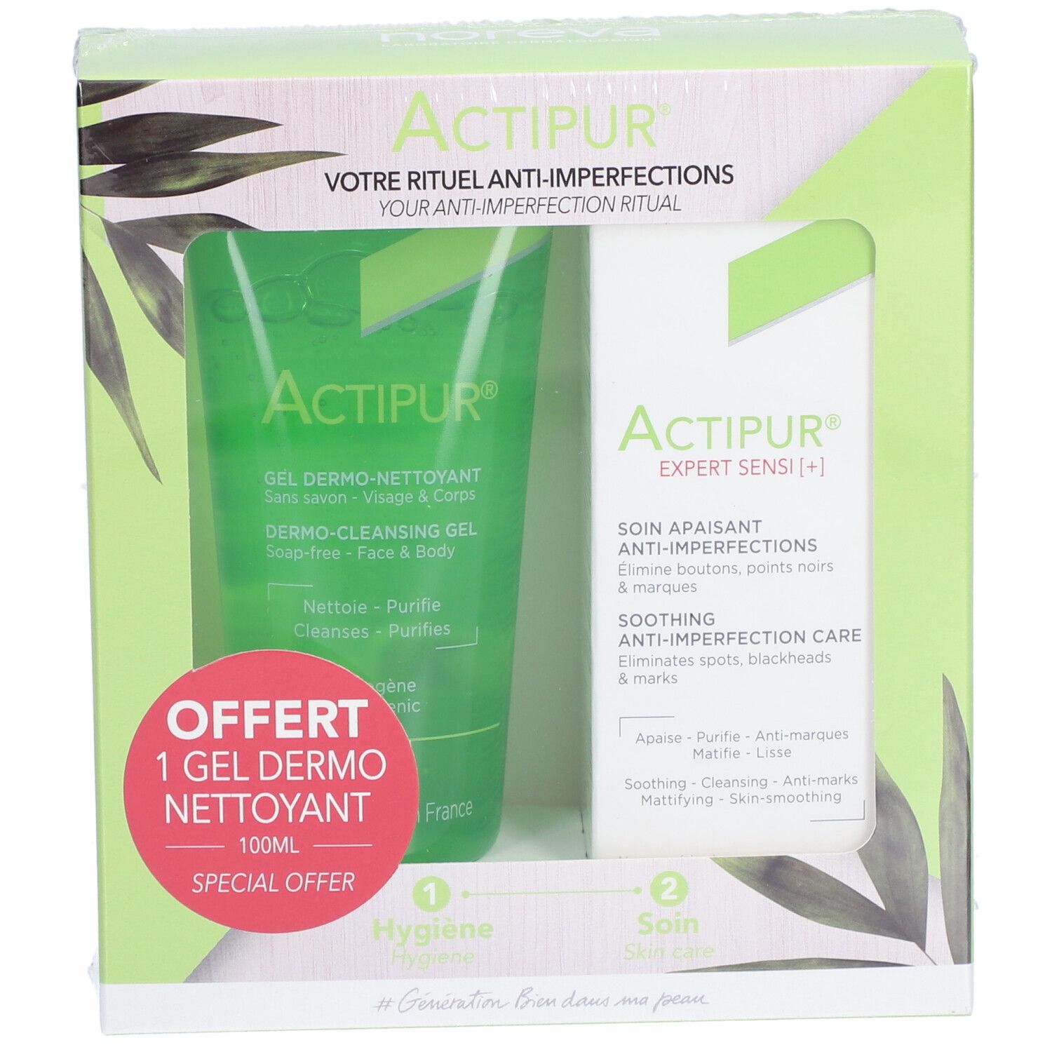Coffret ACTIPUR avec gel et crème. Texte : "Votre rituel anti-imperfections". Inscription : "Offert 1 Gel Dermo Nettoyant".