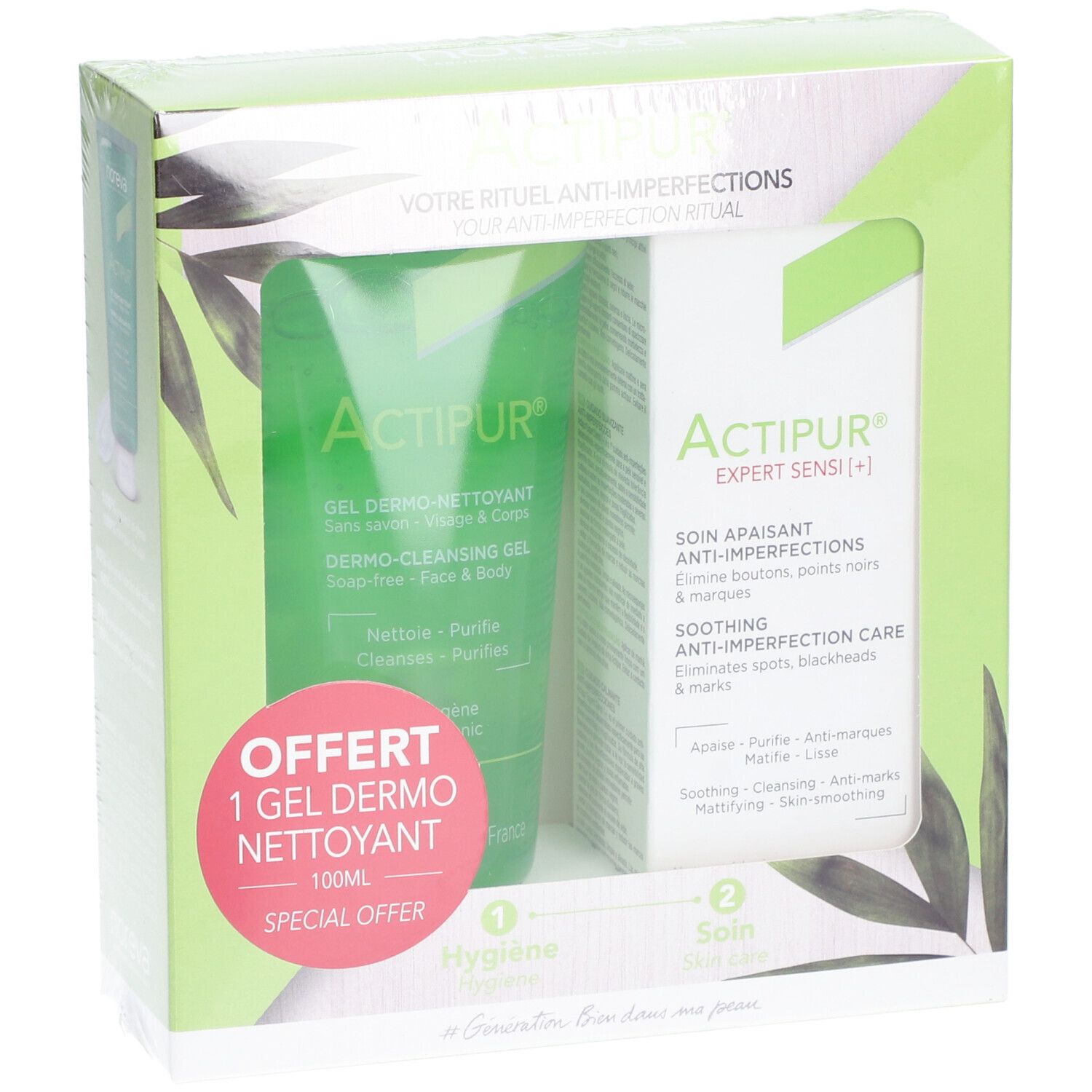 Coffret ACTIPUR avec gel et crème. Texte : "Votre rituel anti-imperfections". Inscription : "Offert 1 Gel Dermo Nettoyant".