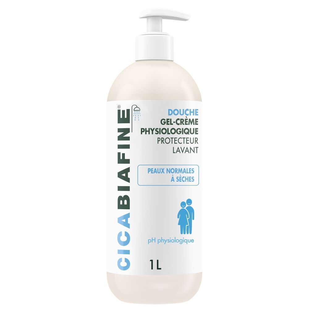 Flacon de 1L de gel-crème douche CicaBiafine Protector, avec pompe. Pour peaux normales à sèches.