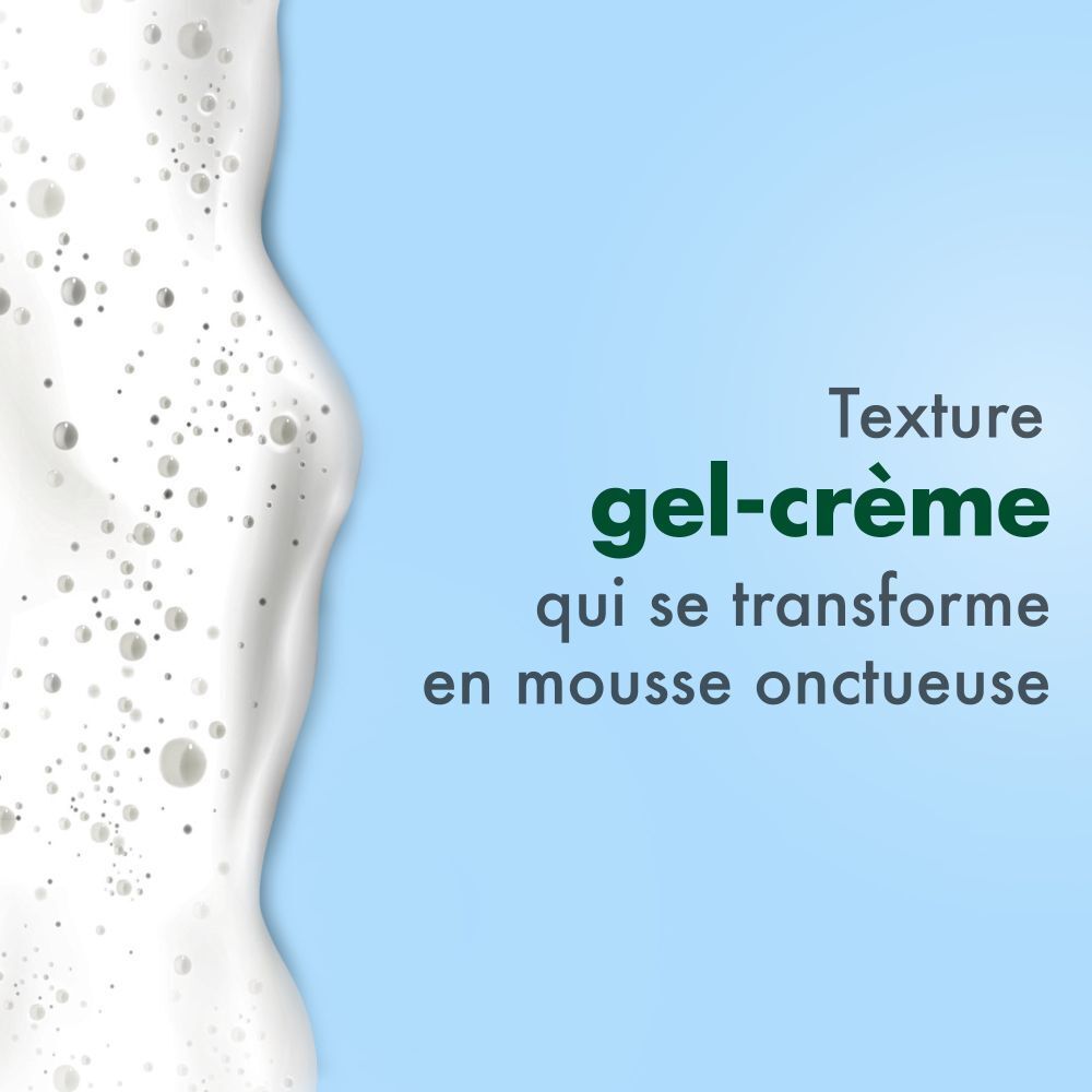 Mousse. Texte: Texture gel-crème qui se transforme en mousse onctueuse.