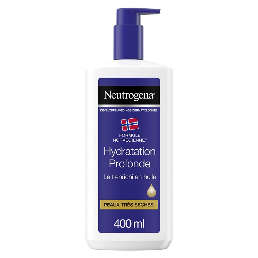 Neutrogena® Formule Norvégienne® Hydratation Profonde. Flacon blanc avec pompe bleue. Étiquettes bleues et blanches avec texte et logo.