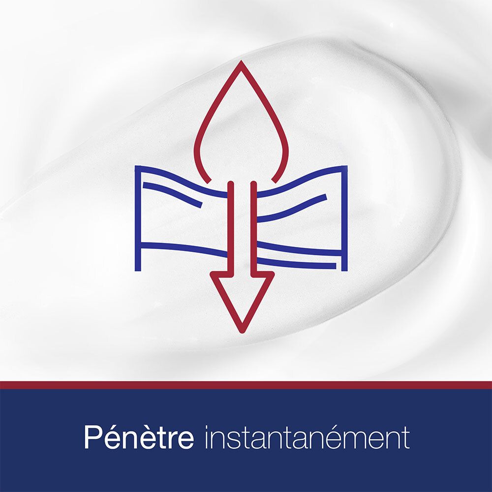 Représentation graphique : gouttes pénétrant la peau. Goutte rouge et lignes bleues. Texte : Pénètre instantanément.