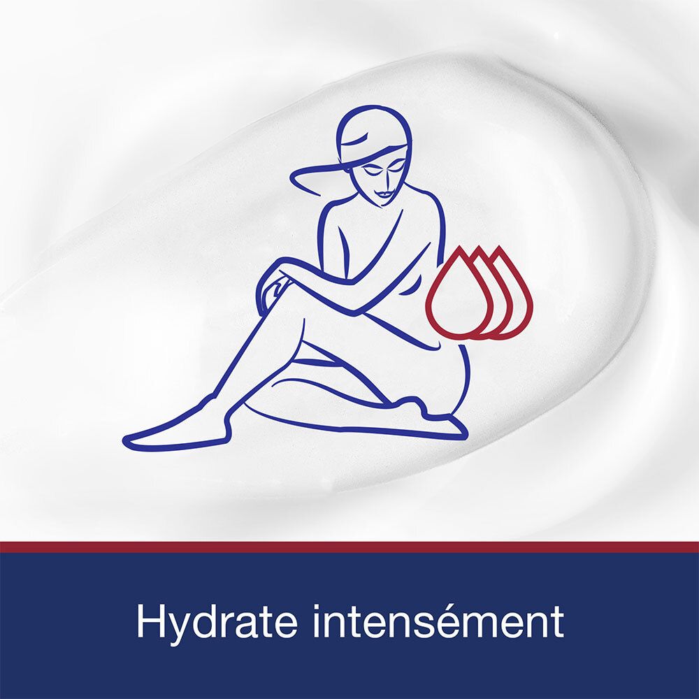 Représentation graphique : femme se relaxant sur la peau. Gouttes rouges. Texte : Hydrate intensément.