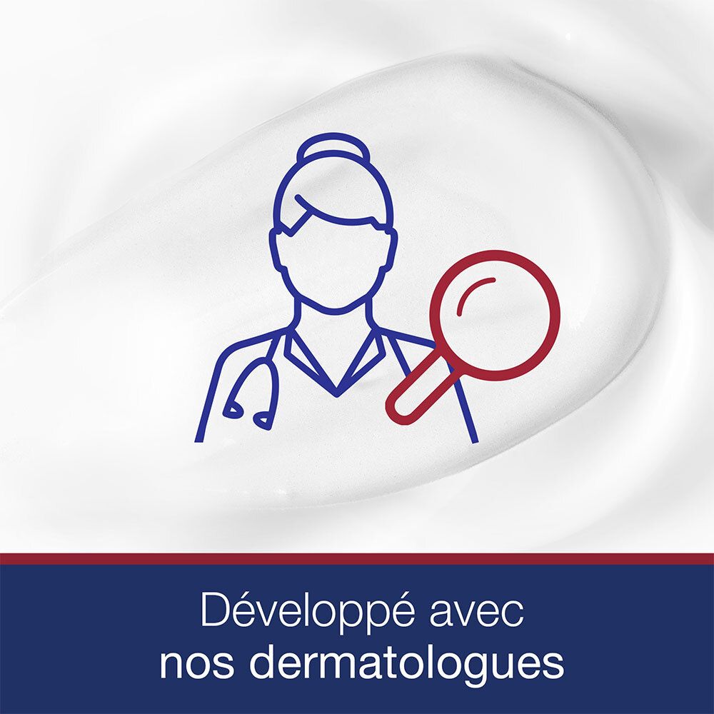 Représentation graphique : médecin avec une loupe. Texte : Développé avec nos dermatologues.