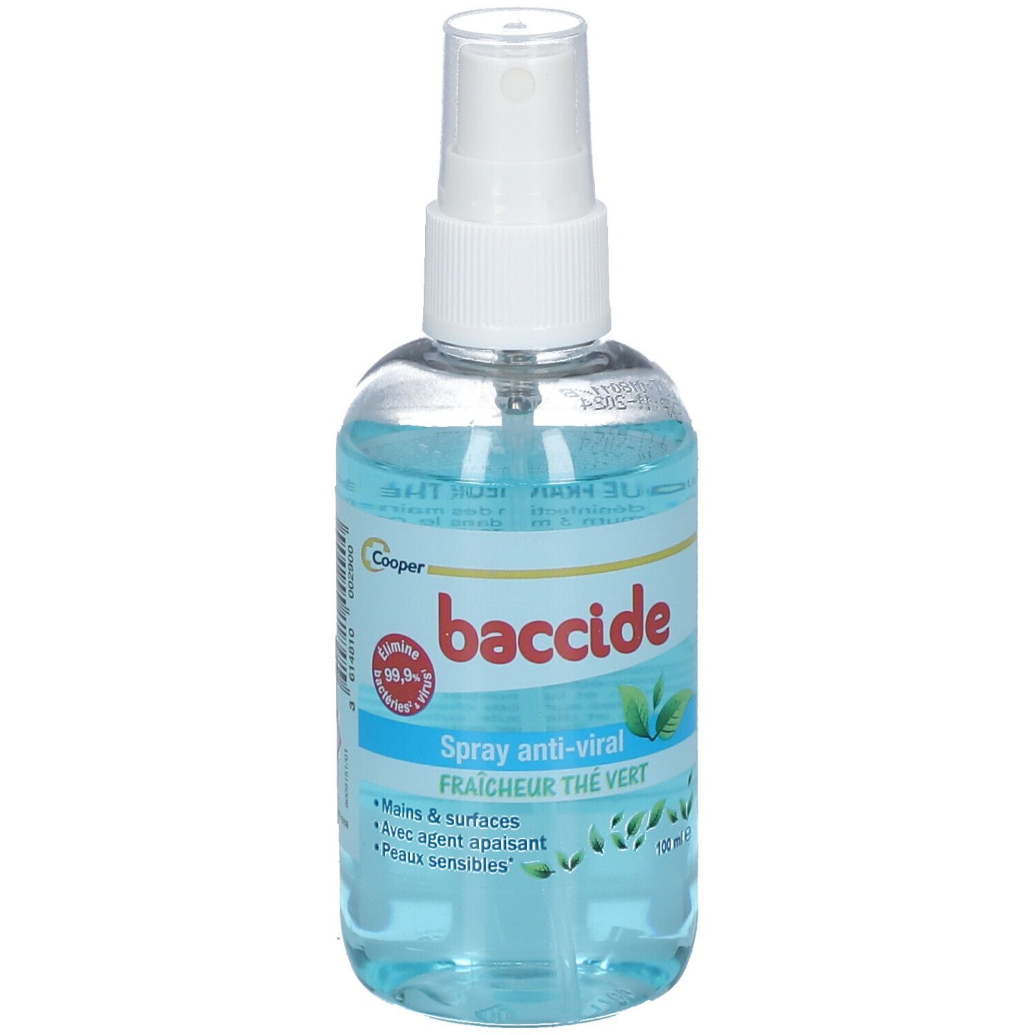 Flacon transparent avec liquide bleu et vaporisateur. Inscription: baccide Spray anti-viral Fraîcheur thé vert. 100 ml.