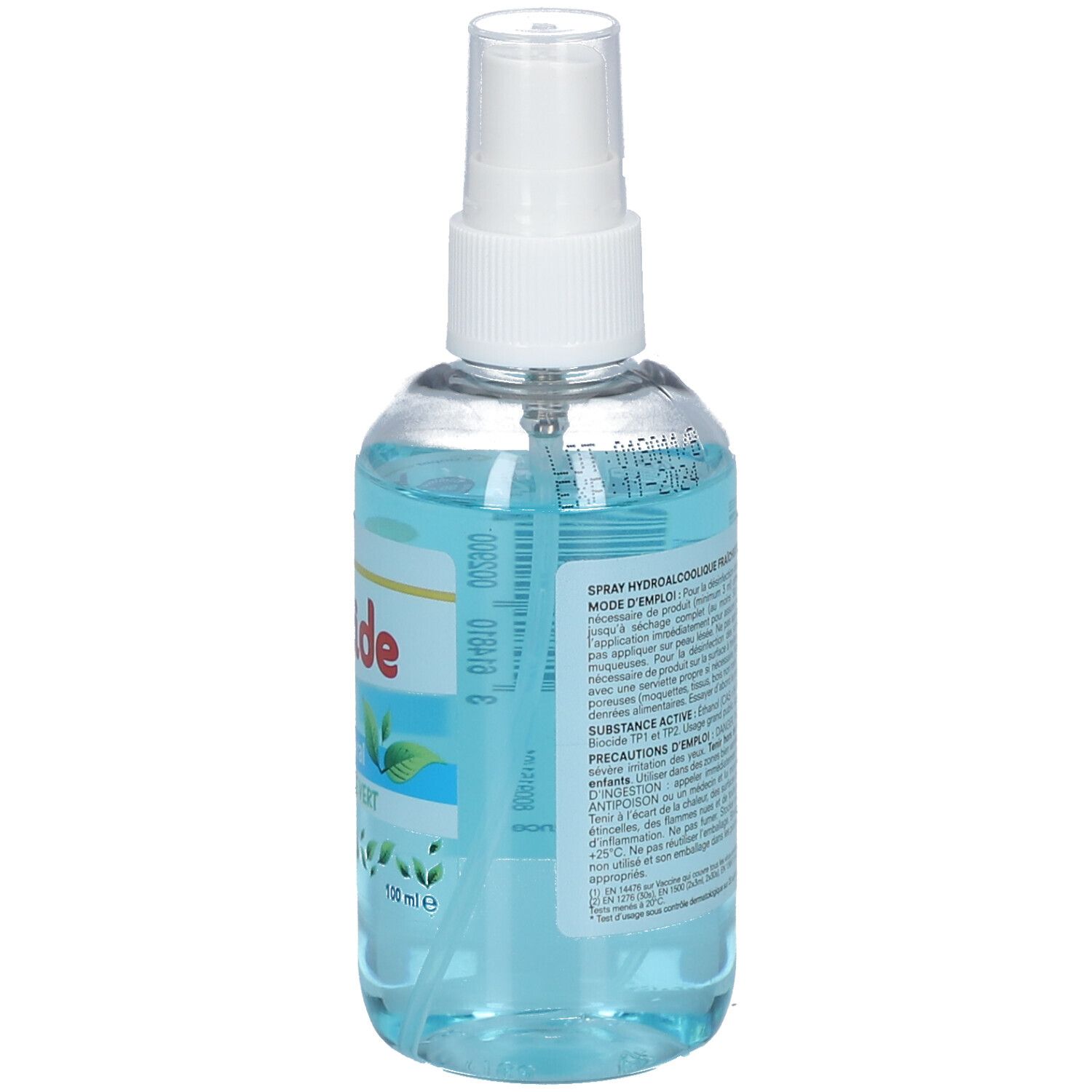 Dos d'un flacon transparent avec liquide bleu. Étiquette avec texte et informations. Flacon avec vaporisateur.