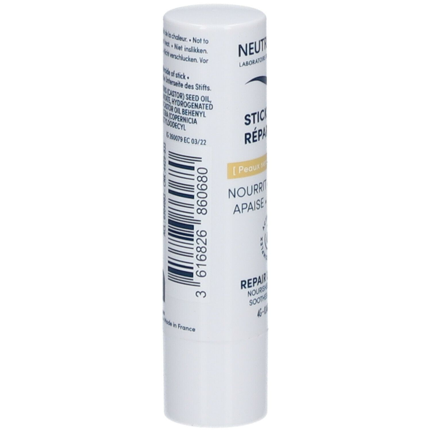Stick lèvres réparateur blanc. Code-barres et texte. Neutraderm. 4g.
