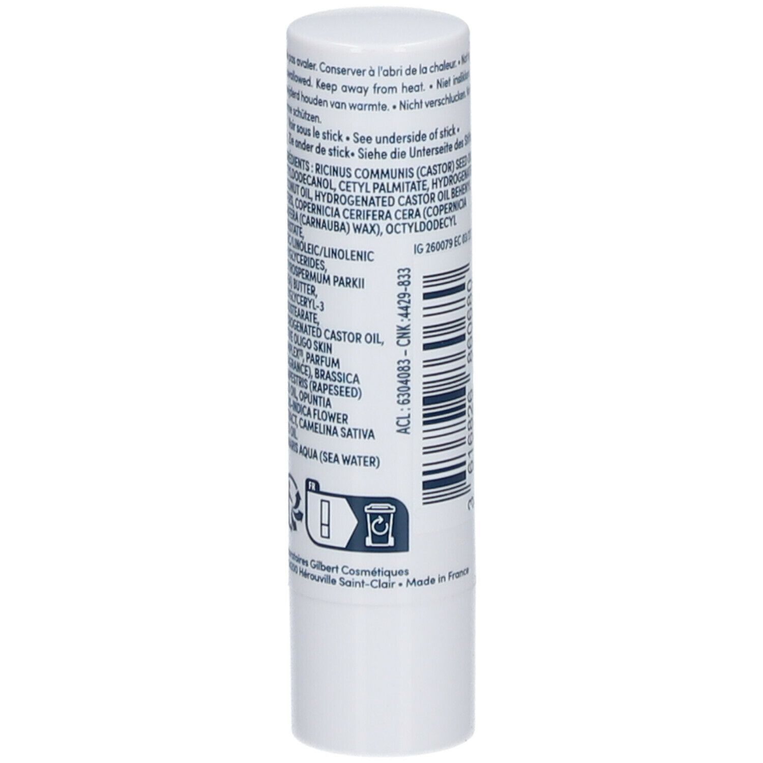 Stick lèvres réparateur blanc. Ingrédients et texte. Neutraderm. 4g.