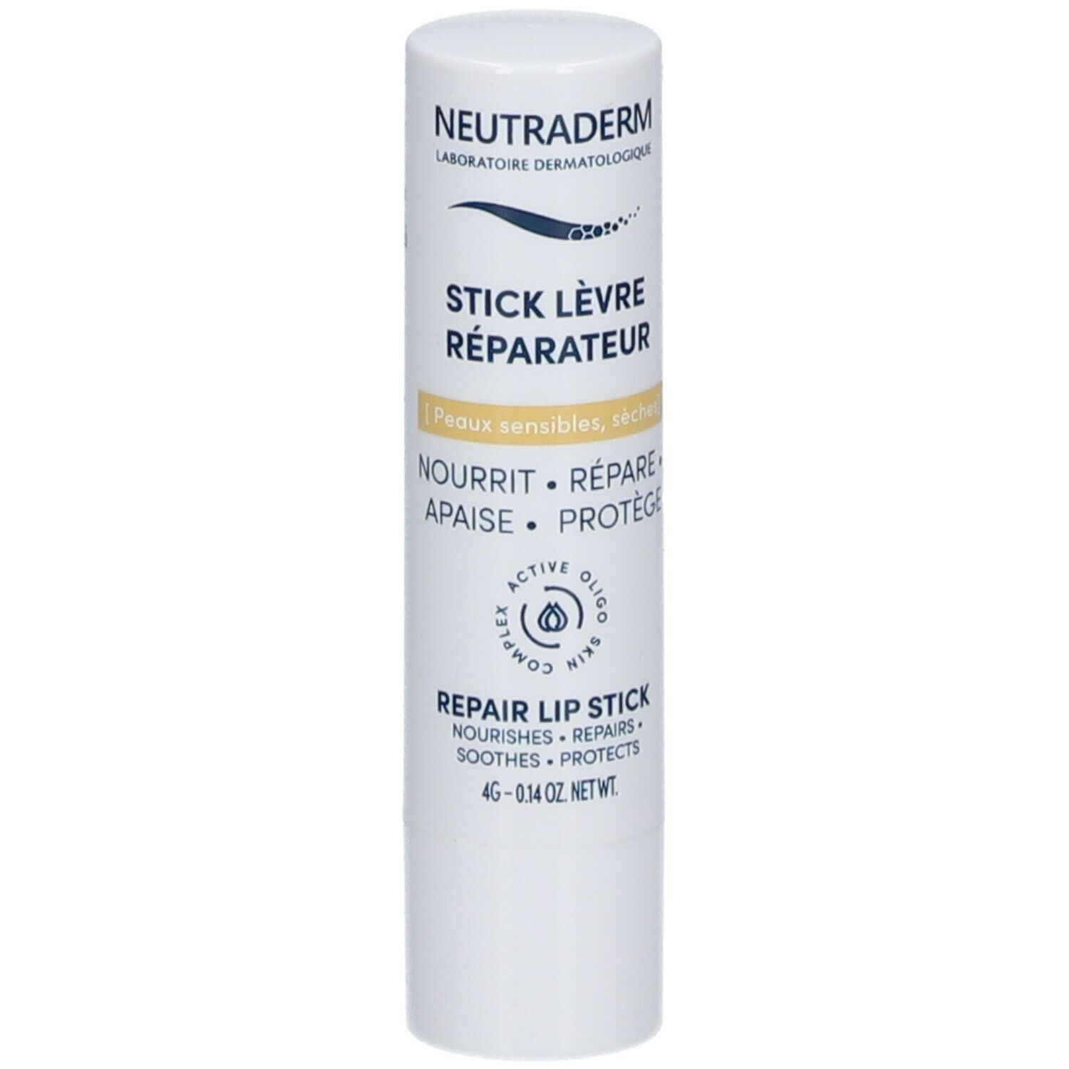 Stick lèvres réparateur blanc. Neutraderm. Texte: Nourrit, Répare, Apaise, Protège. 4g.