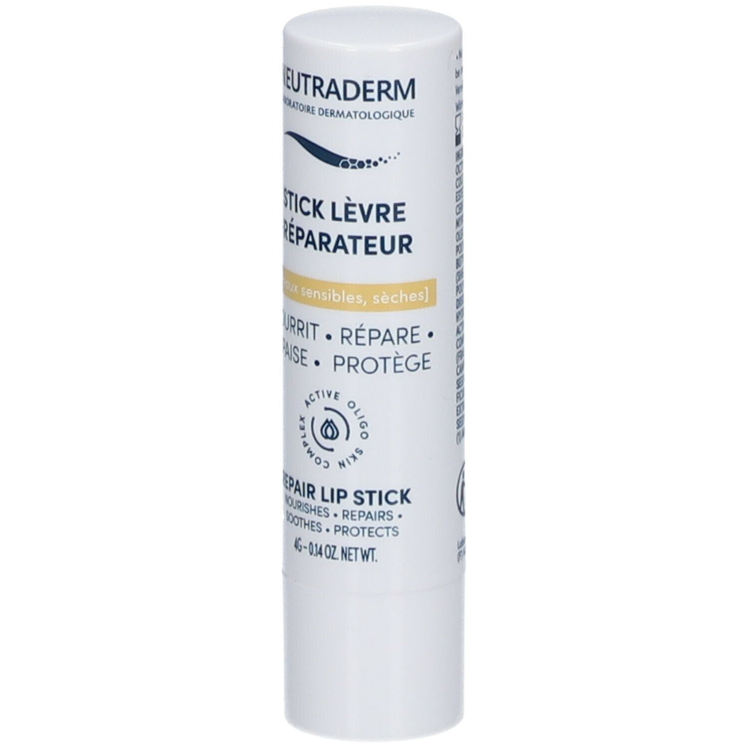 Stick lèvres réparateur blanc. Neutraderm. Texte: Nourrit, Répare, Apaise, Protège. 4g.