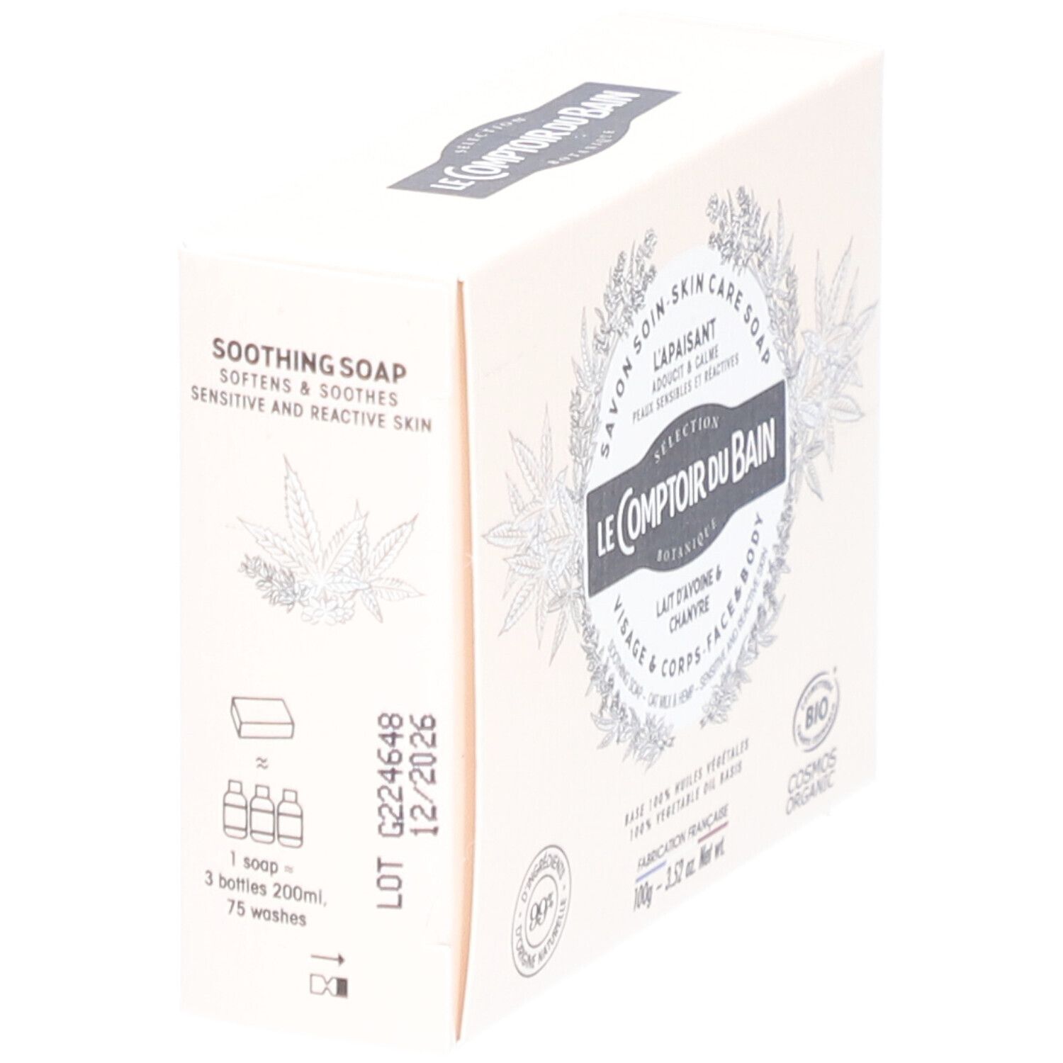 Boîte de savon Le Comptoir du Bain, Lait d'Avoine & Chanvre. Ingrédients naturels, 100g, Cosmos Organic.