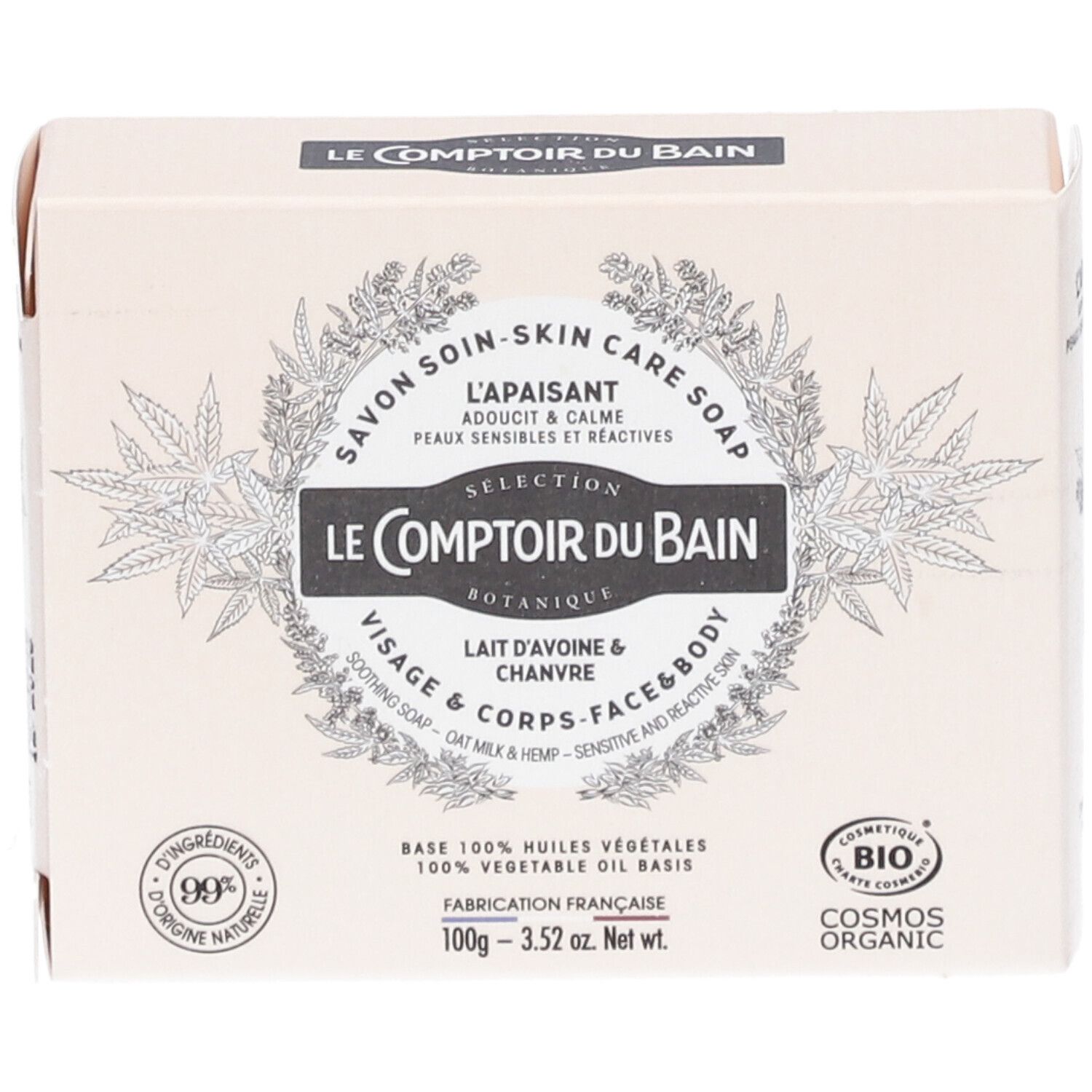 Boîte de savon Le Comptoir du Bain, Lait d'Avoine & Chanvre. Ingrédients naturels, 100g, Cosmos Organic.