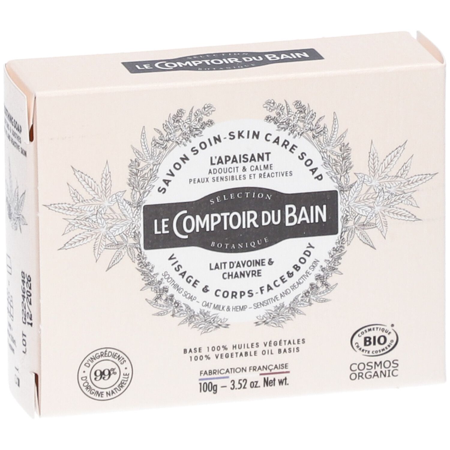 Boîte de savon Le Comptoir du Bain, Lait d'Avoine & Chanvre. Ingrédients naturels, 100g, Cosmos Organic.