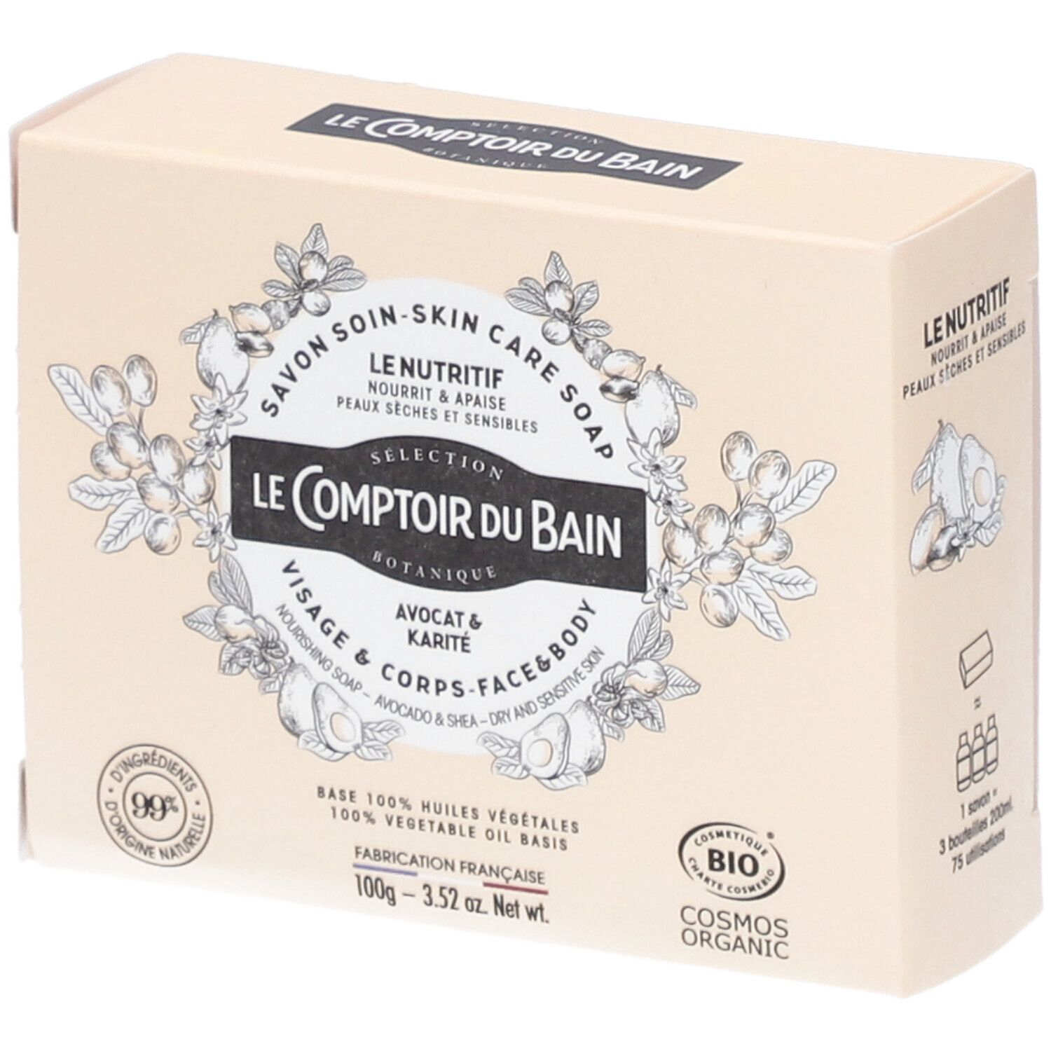 Boîte en carton beige avec informations produit. Inscription : Le Comptoir du Bain, Avocat & Karité. Certification bio.