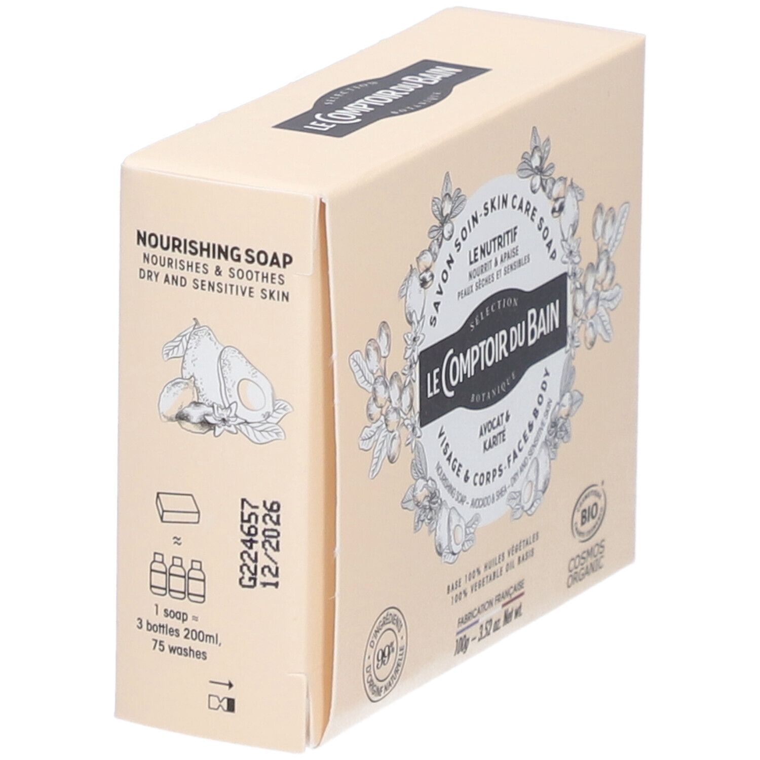 Emballage en carton beige. Inscription : Nourishing Soap, Le Comptoir du Bain. Avocat & Karité. Avec illustrations et texte.