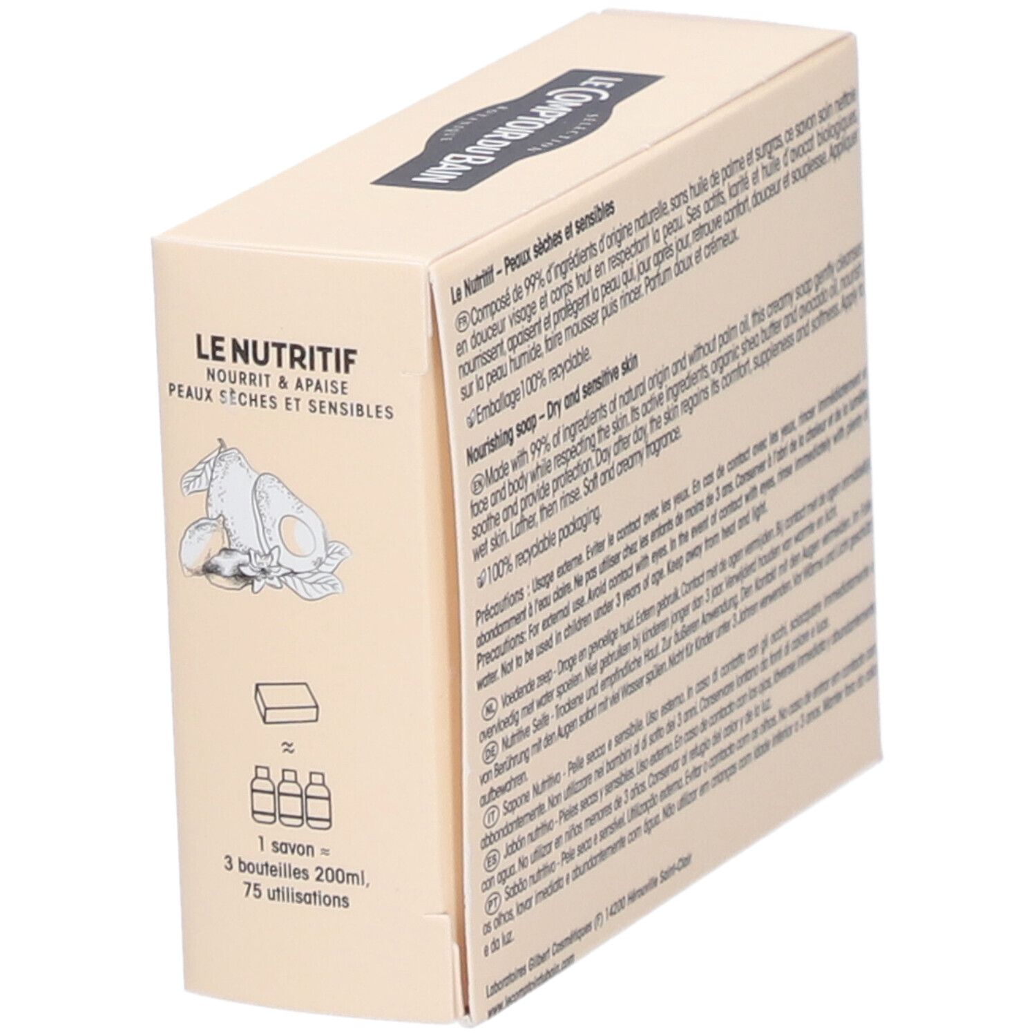 Emballage en carton, dos. Texte multilingue. Contient des informations sur les ingrédients et l'utilisation.