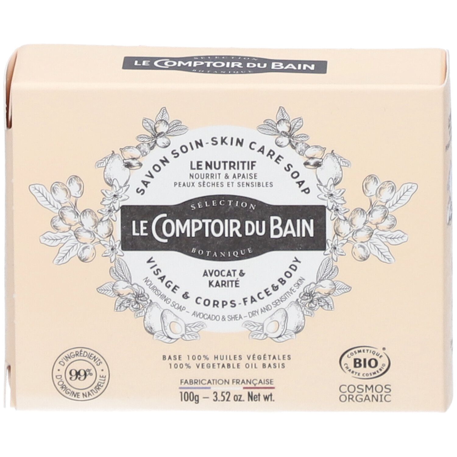 Boîte en carton beige avec informations produit. Inscription : Le Comptoir du Bain, Avocat & Karité. Certification bio.